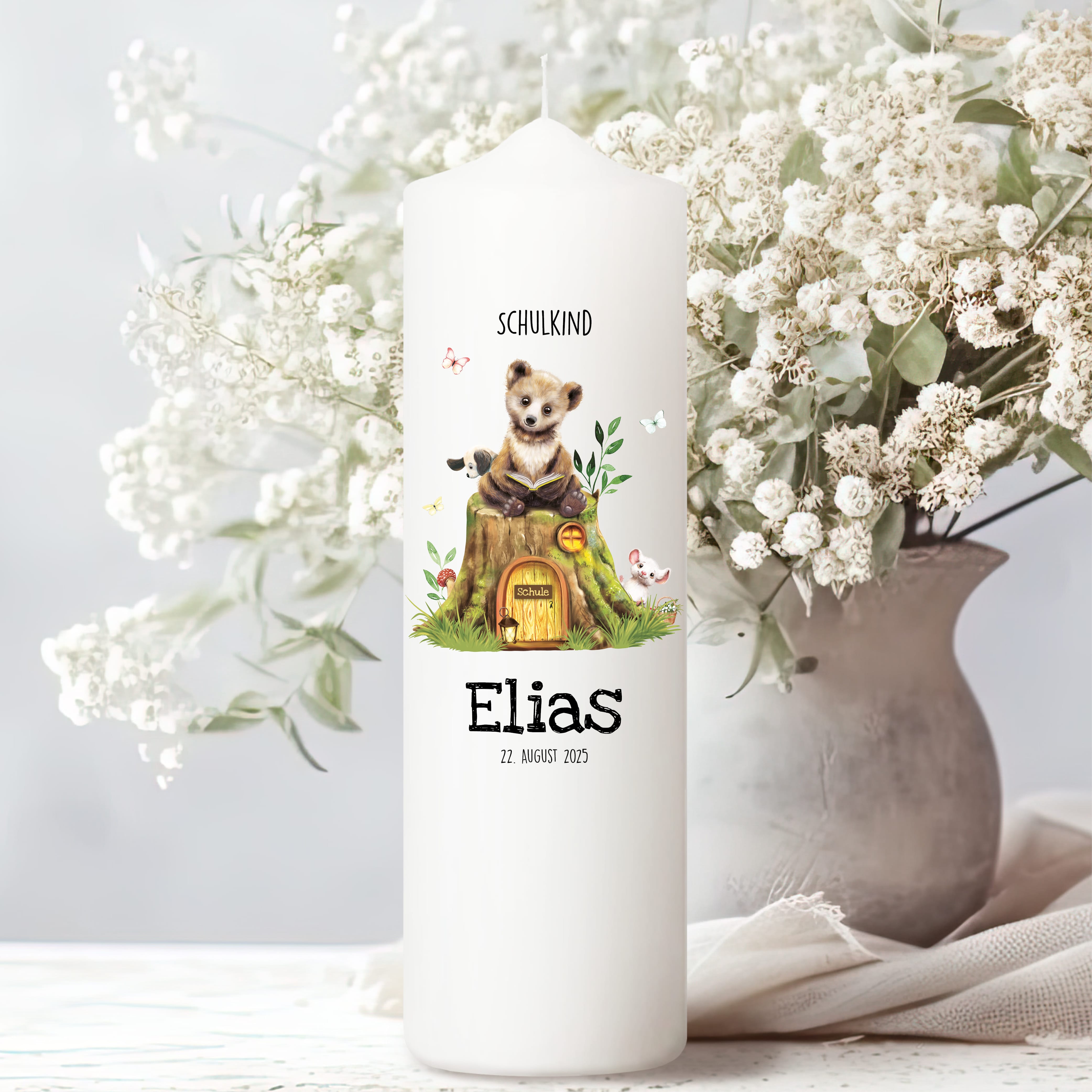 Kerze zur Einschulung mit Bär und Buch personalisiert mit Namen und Datum des Schulbeginns individualisierbares Einschulungsgeschenk