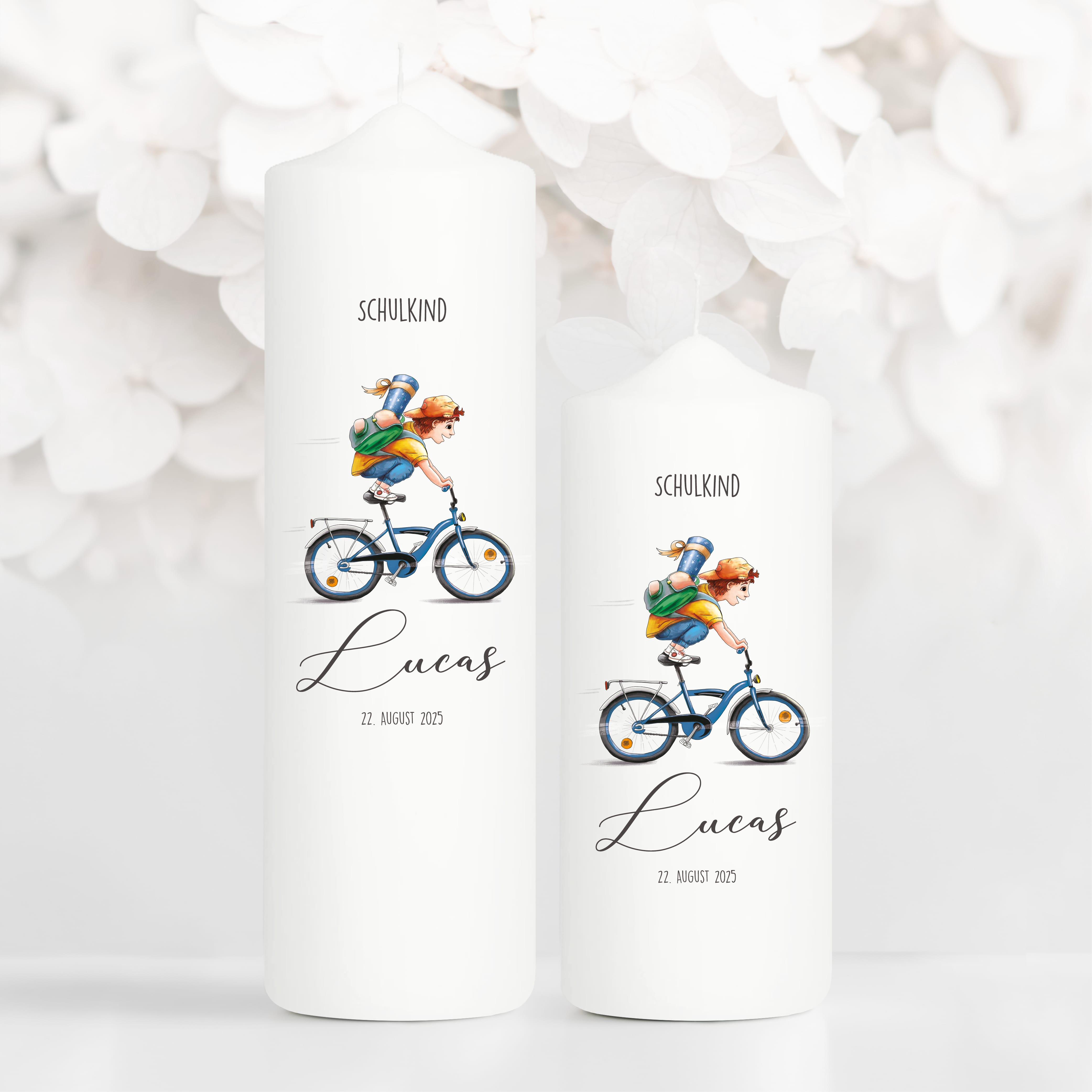 Geschenk zur Einschulung Kerze Junge auf Fahrrad personalisiert mit Namen und Datum anpassbares Einschulungsgeschenk Jungen