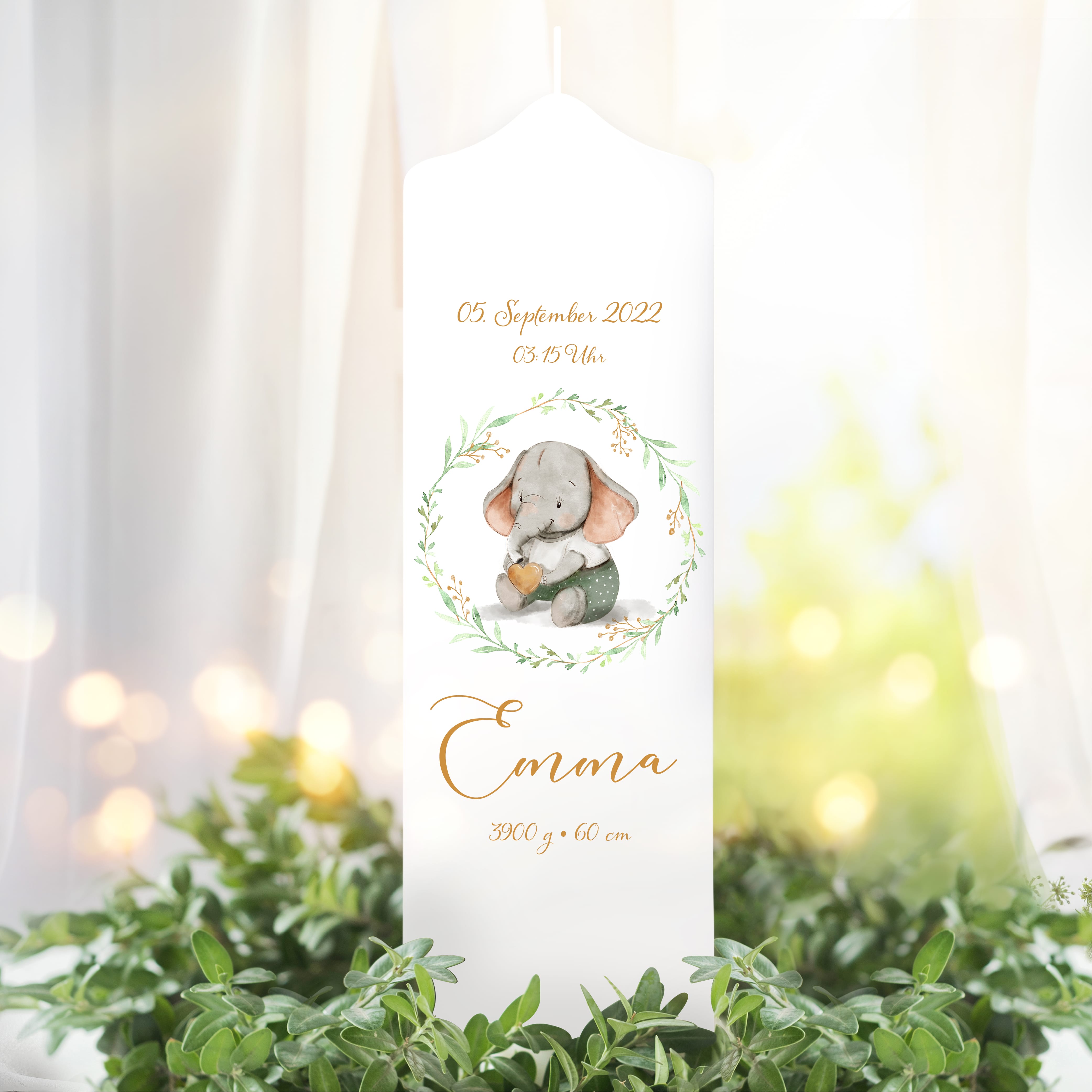 Auf dem Bild ist das Produkt: Taufkerze oder Kerze zur Geburt Junge Mädchen Elefant mit Blätterkranz pastell mit Namen, Datum Uhrzeit, Gewicht, Größe und Spruch zum Preis von €5.90 abgebildet.