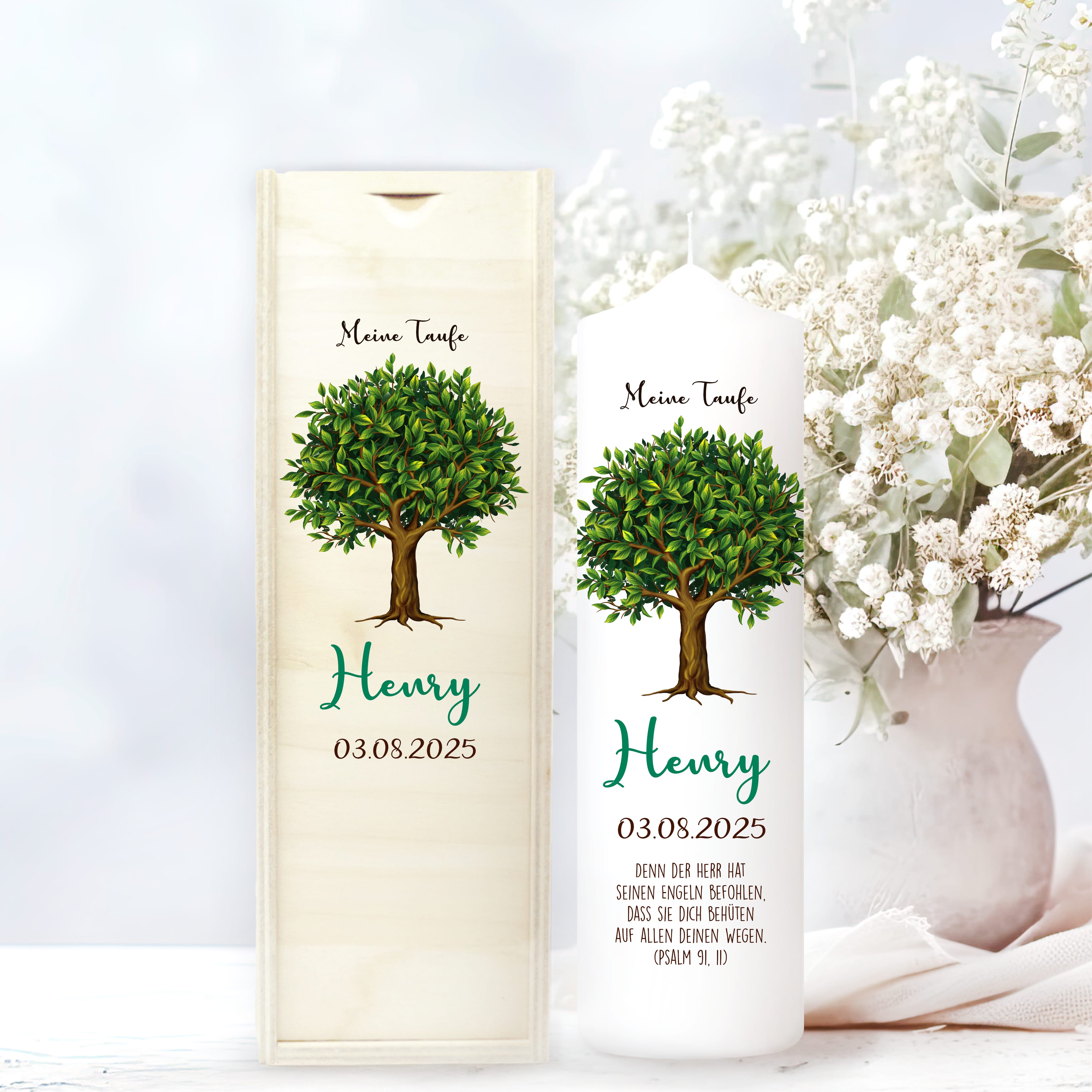 Taufkerze Junge/ Mädchen Lebensbaum Kerze Baum bedruckt mit Namen, Datum und auf Wunsch eigenem, vorgegebenem oder keinem Taufspruch