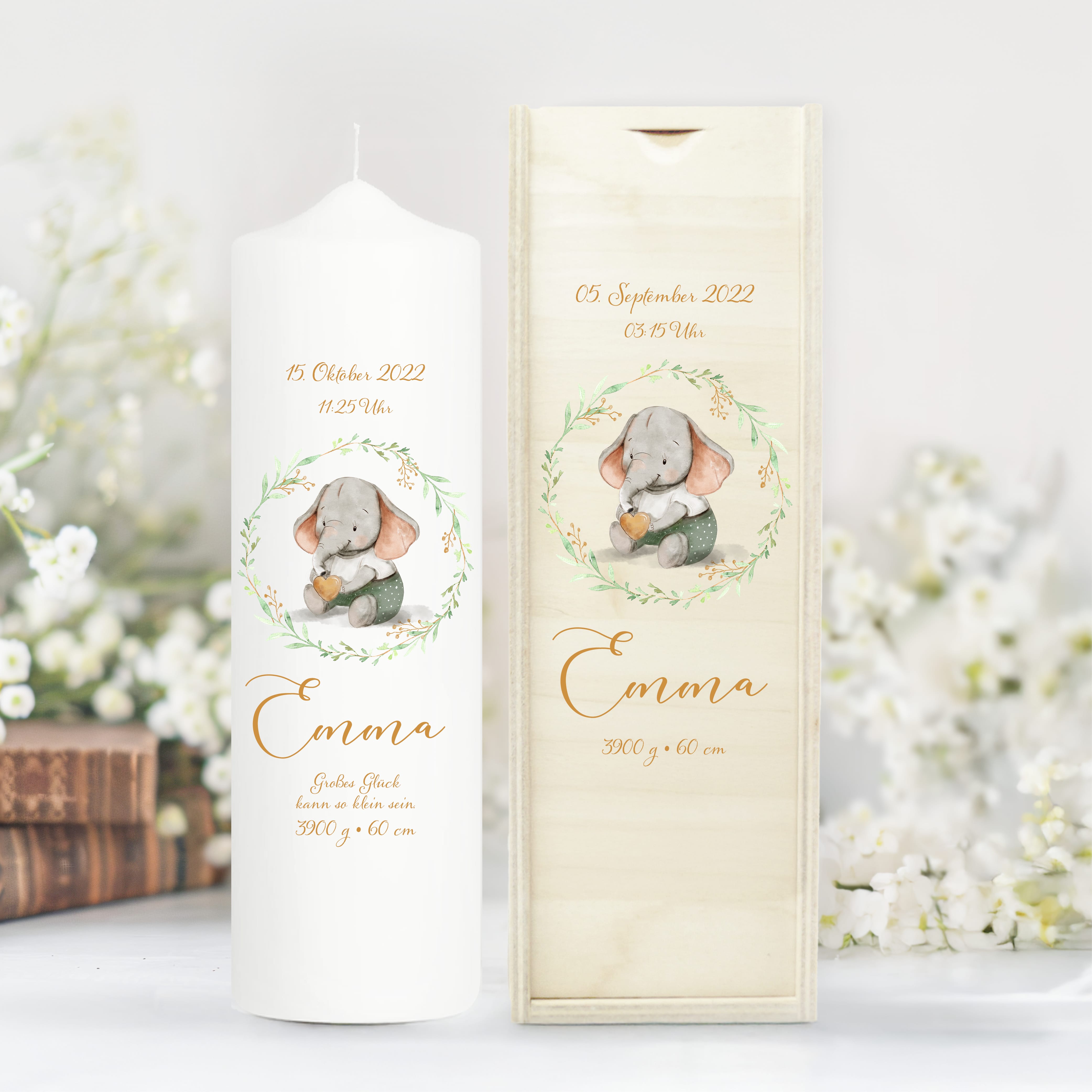 Taufkerze oder Kerze zur Geburt Junge Mädchen Elefant mit Blätterkranz pastell mit Namen, Datum Uhrzeit, Gewicht, Größe und Spruch