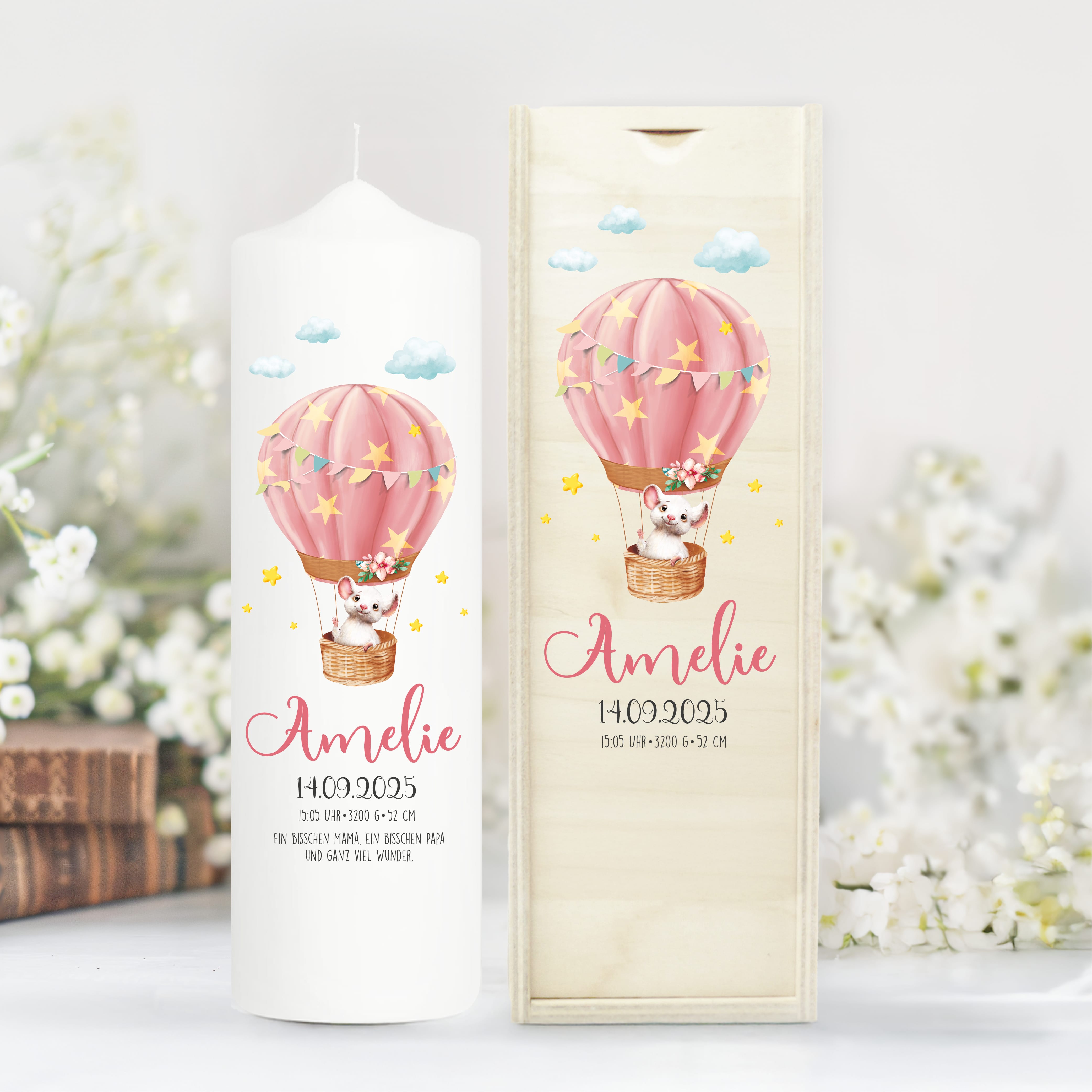 Taufkerze oder Kerze zur Geburt Mädchen mit Maus im Heißluftballon pastell mit Namen Datum Uhrzeit Gewicht