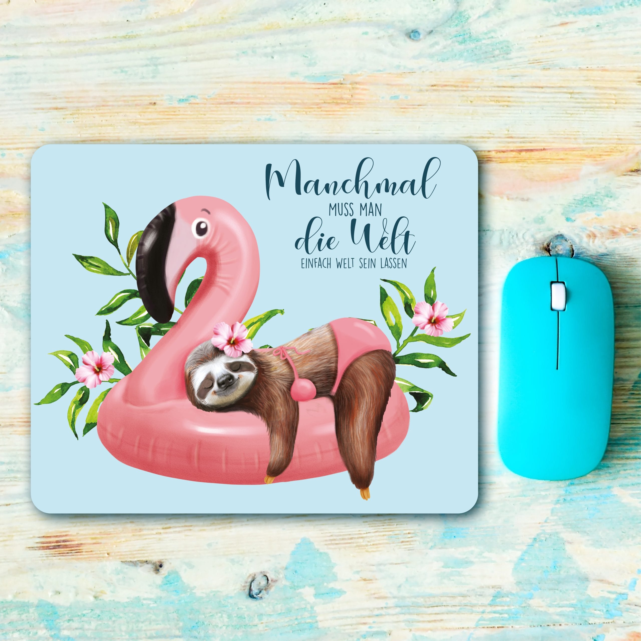 Mauspad Mousepad Faultier und Flamingo mit Spruch Home-Office-Dekor Büro Mitarbeitergeschenk