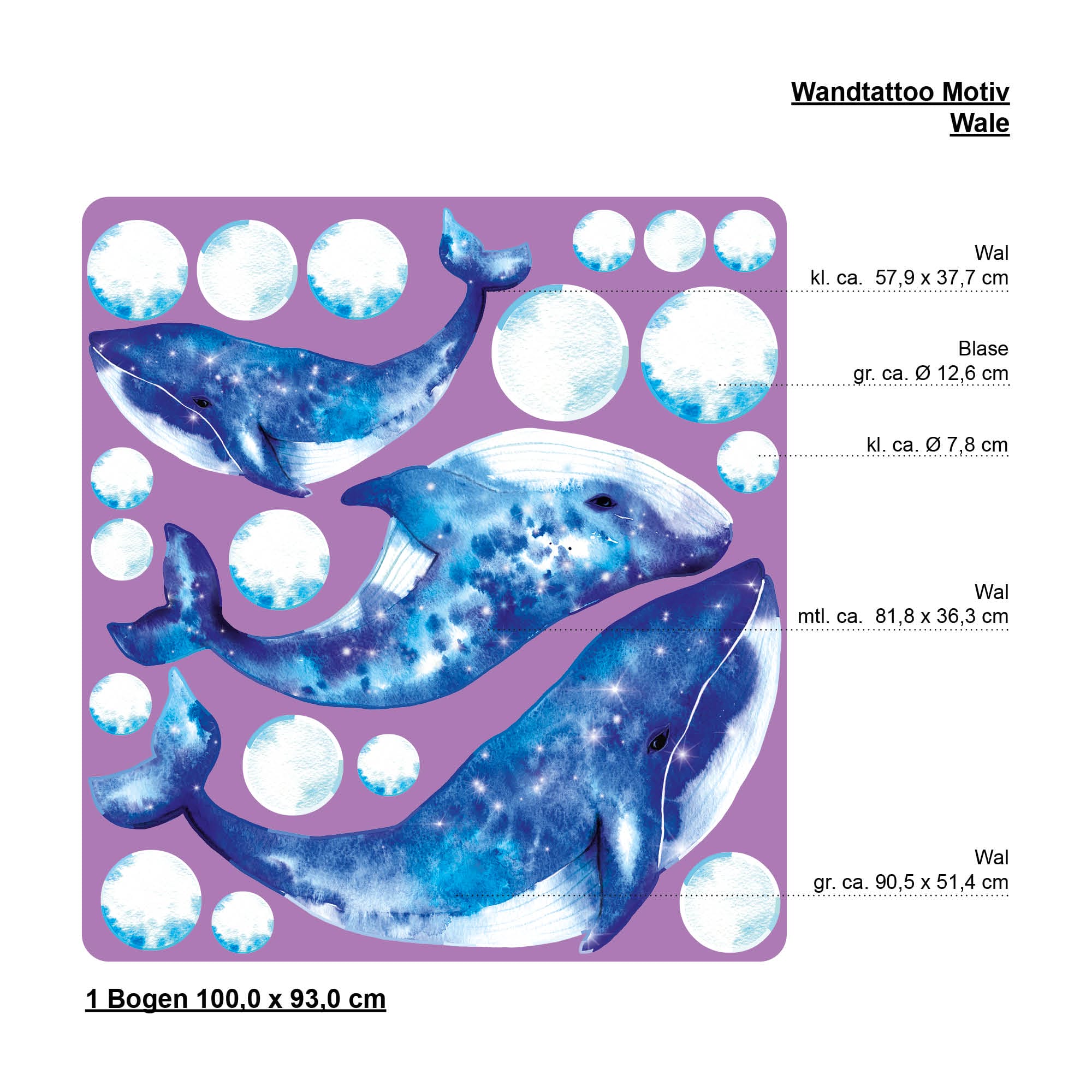 Auf dem Bild ist das Produkt: Wandtattoo Kinderzimmer aquarellierte Wale Blasen Dekoration Babyzimmer Badezimmer zum Preis von €29.9 abgebildet.