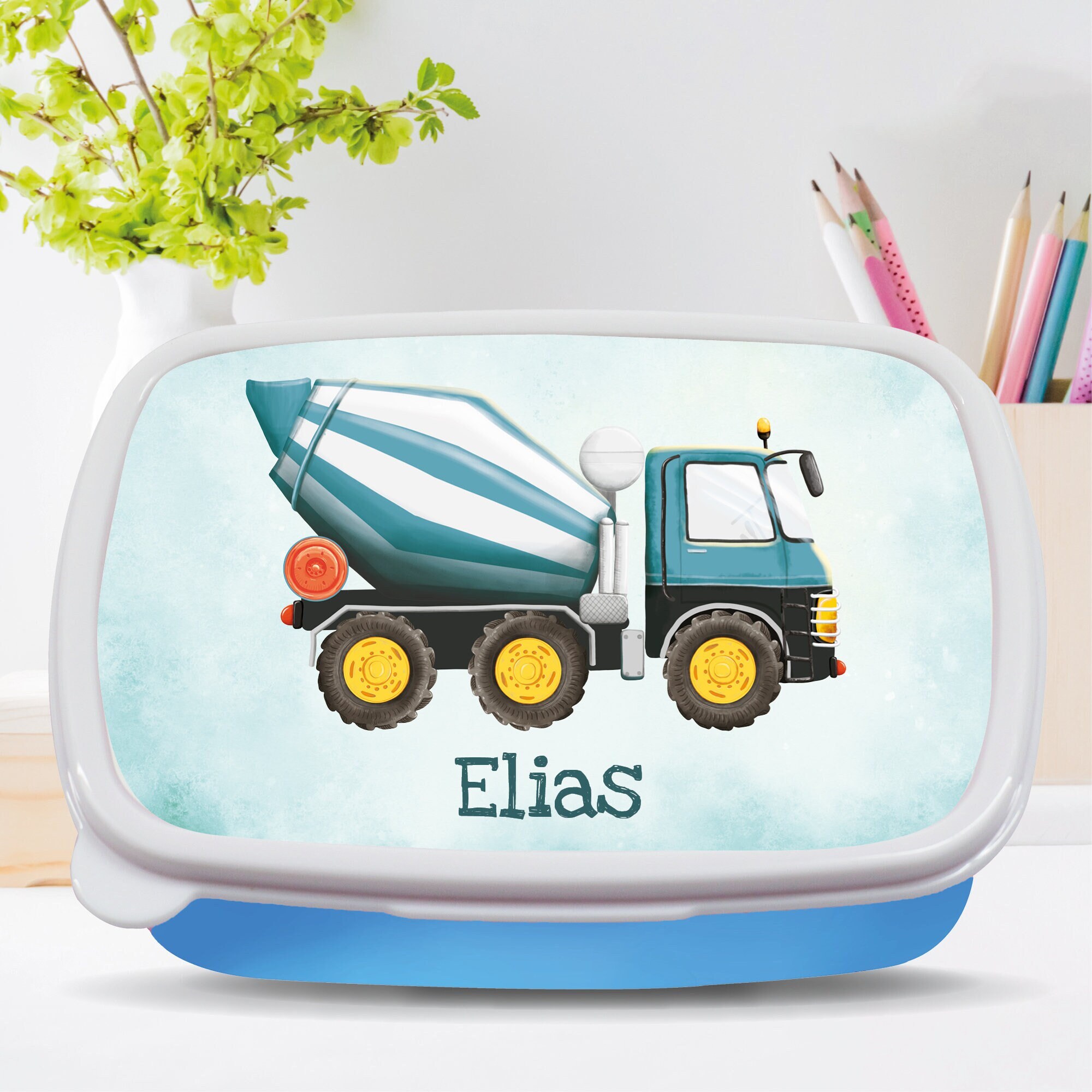 personalisierbare Brotdose blau weißer Mischer Betonmischer Auto mit Wunschnamen Schule Geschenk Einschulung Geburtstag
