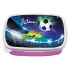 Auf dem Bild ist das Produkt: Brotdose Fußball Fußballer blau personalisiert mit Wunschnamen Schule Geschenk Einschulung, Geschenk Geburtstag, Einschulungsgeschenk zum Preis von €19.9 abgebildet.