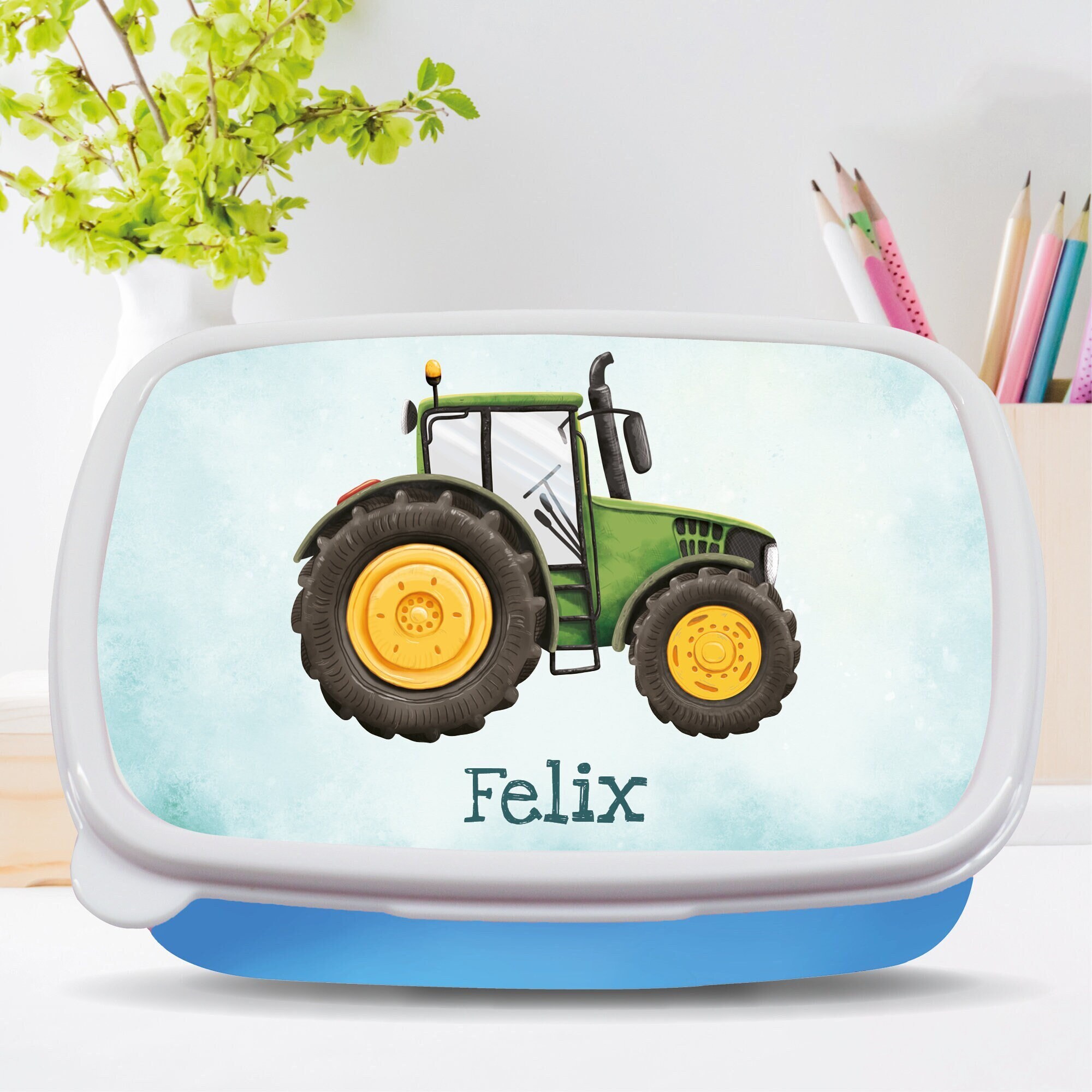 personalisierbare Brotdose grüner Traktor Trecker Auto Wunschnamen Schule Geschenk Einschulung Geburtstag