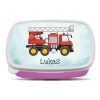 Auf dem Bild ist das Produkt: Brotdose rotes Feuerwehrauto personalisiert mit Wunschnamen Schule Geschenk Einschulung, Geschenk Geburtstag zum Preis von €19.90 abgebildet.