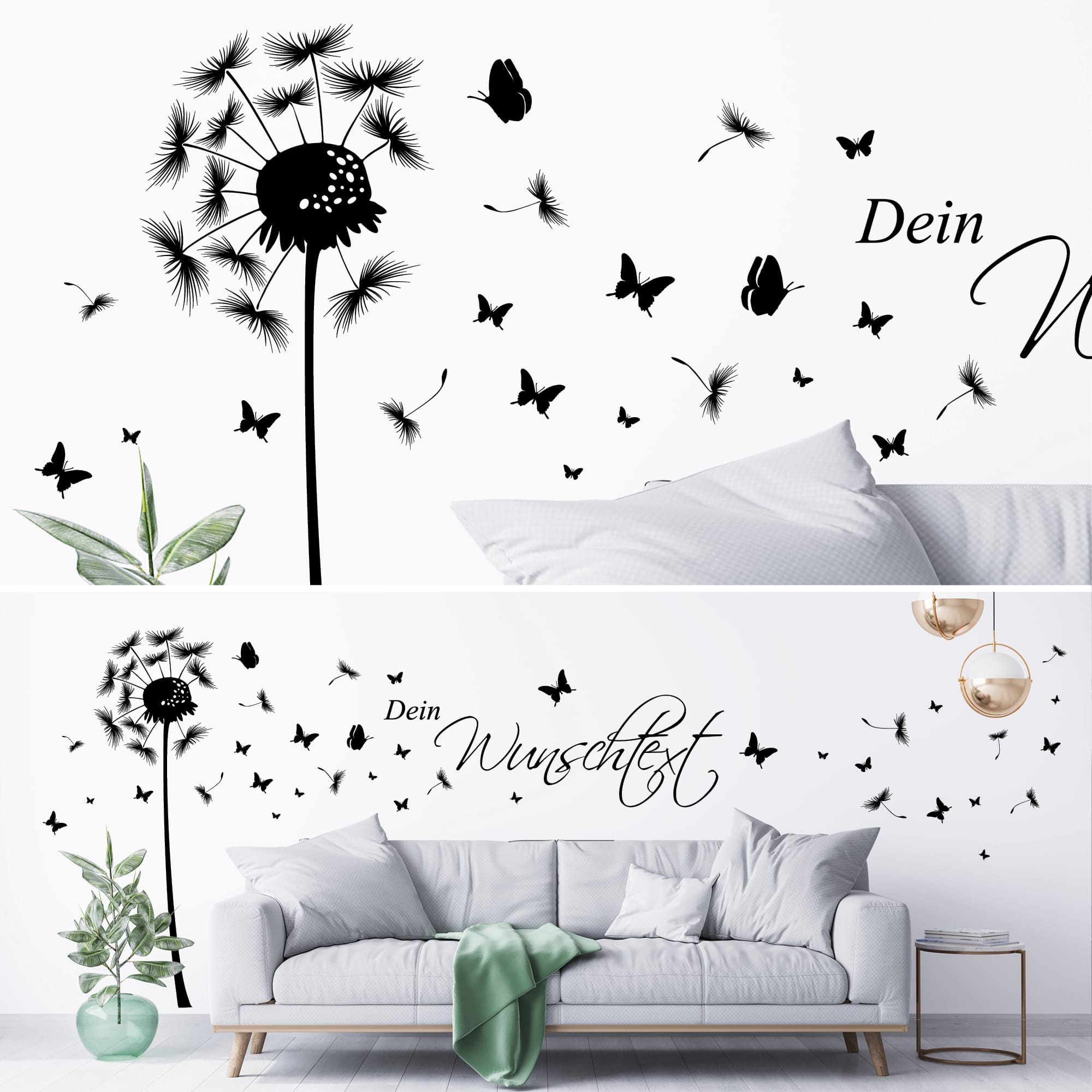 Auf dem Bild ist das Produkt: Wandtattoo Pusteblume Wunschtext Schmetterlinge Wandaufkleber Pollen Löwenzahn Wohnzimmer zum Preis von €19.90 abgebildet.