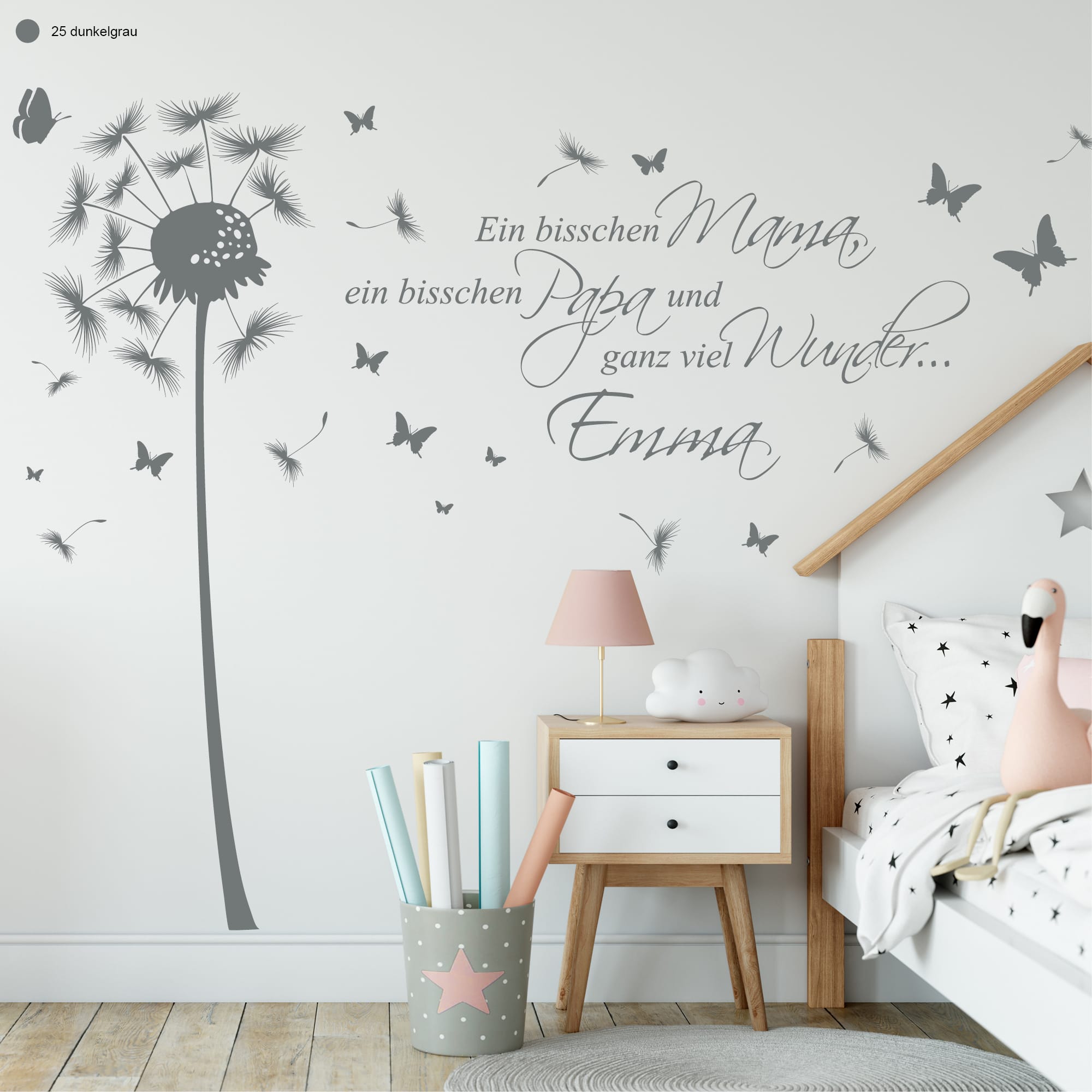 Auf dem Bild ist das Produkt: Wandtattoo Pusteblume Wunschtext Schmetterlinge Wandaufkleber Pollen Löwenzahn Wohnzimmer zum Preis von €19.90 abgebildet.