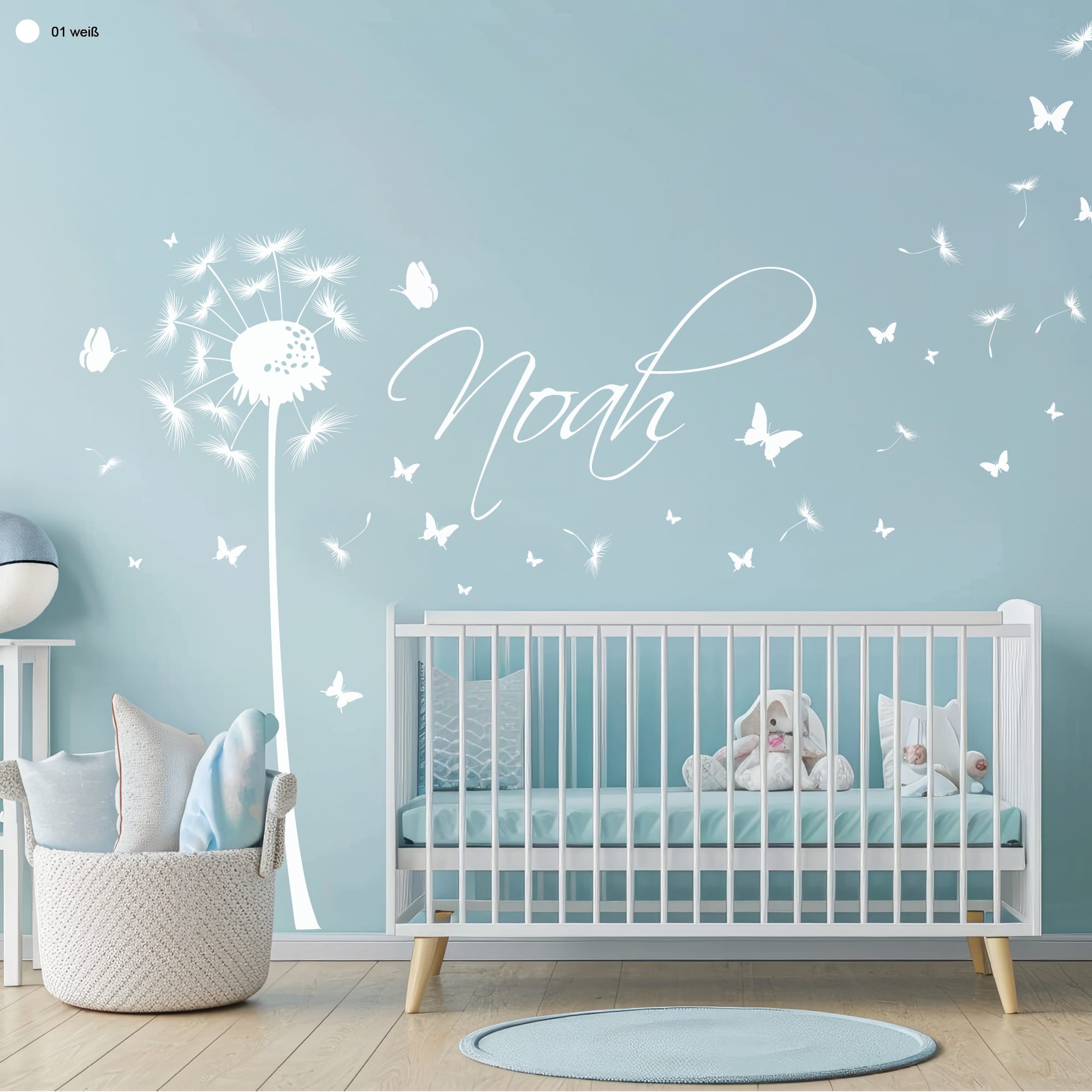 Auf dem Bild ist das Produkt: Wandtattoo Pusteblume Wunschtext Schmetterlinge Wandaufkleber Pollen Löwenzahn Wohnzimmer zum Preis von €19.90 abgebildet.