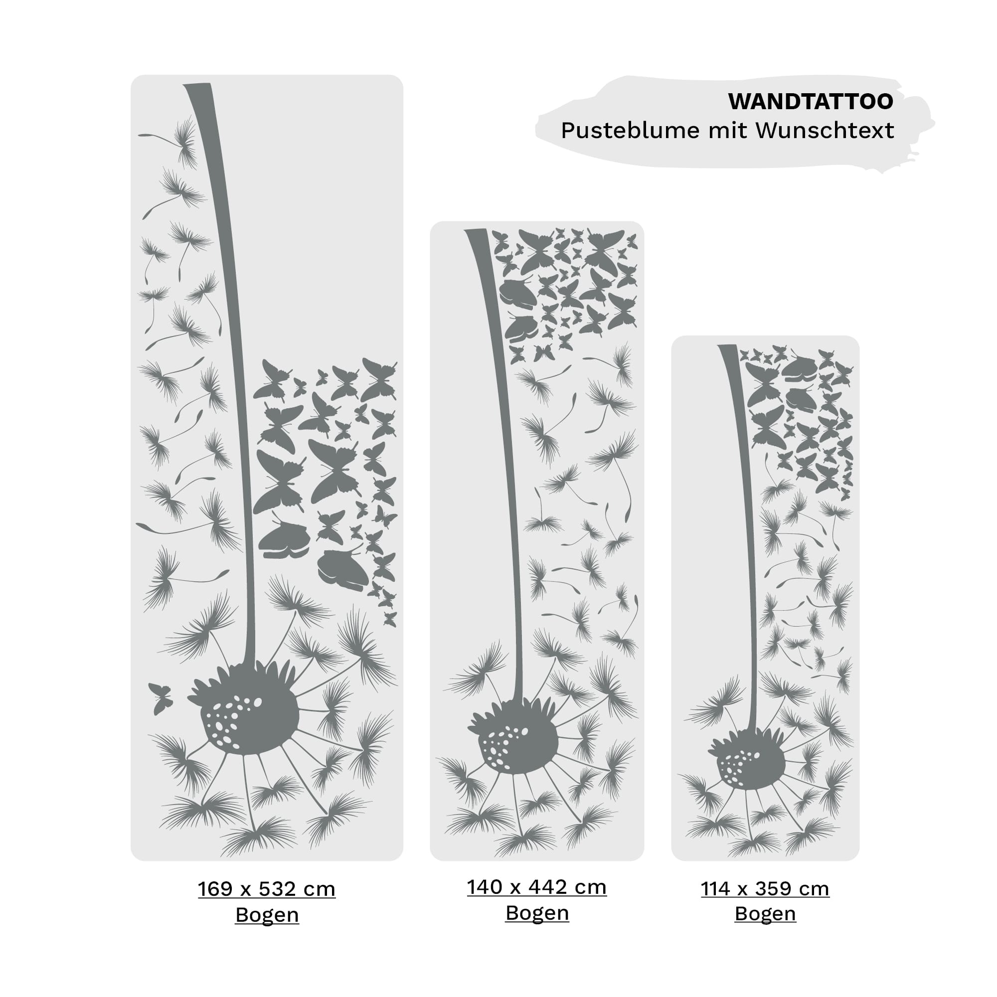 Auf dem Bild ist das Produkt: Wandtattoo Pusteblume Wunschtext Schmetterlinge Wandaufkleber Pollen Löwenzahn Wohnzimmer zum Preis von €19.90 abgebildet.