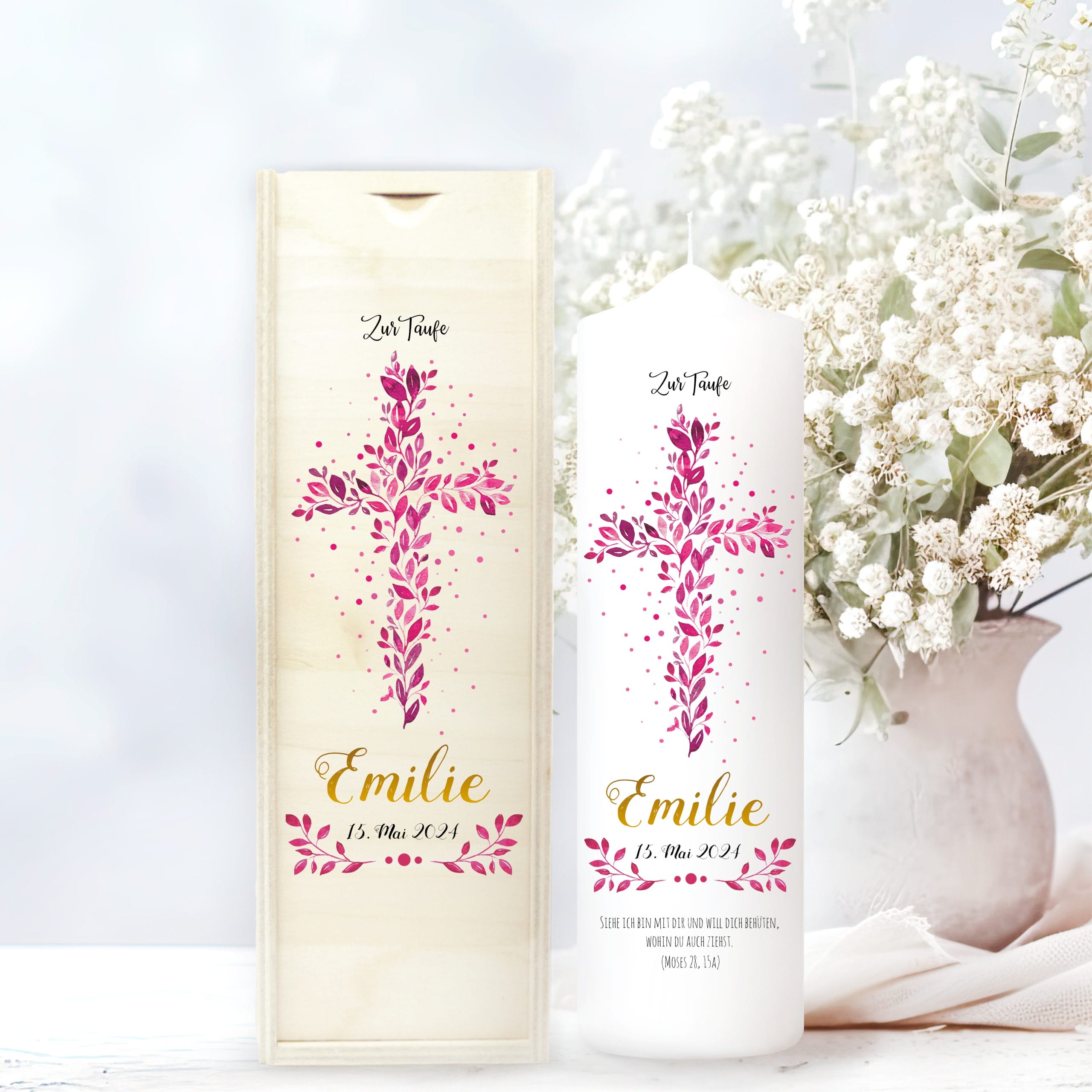 Taufkerze Junge Mädchen Baum Heiliges Kreuz pinke Blätter Kerze zur Taufe mit Namen, Datum und eigenem, vorgegebenem oder keinem Taufspruch