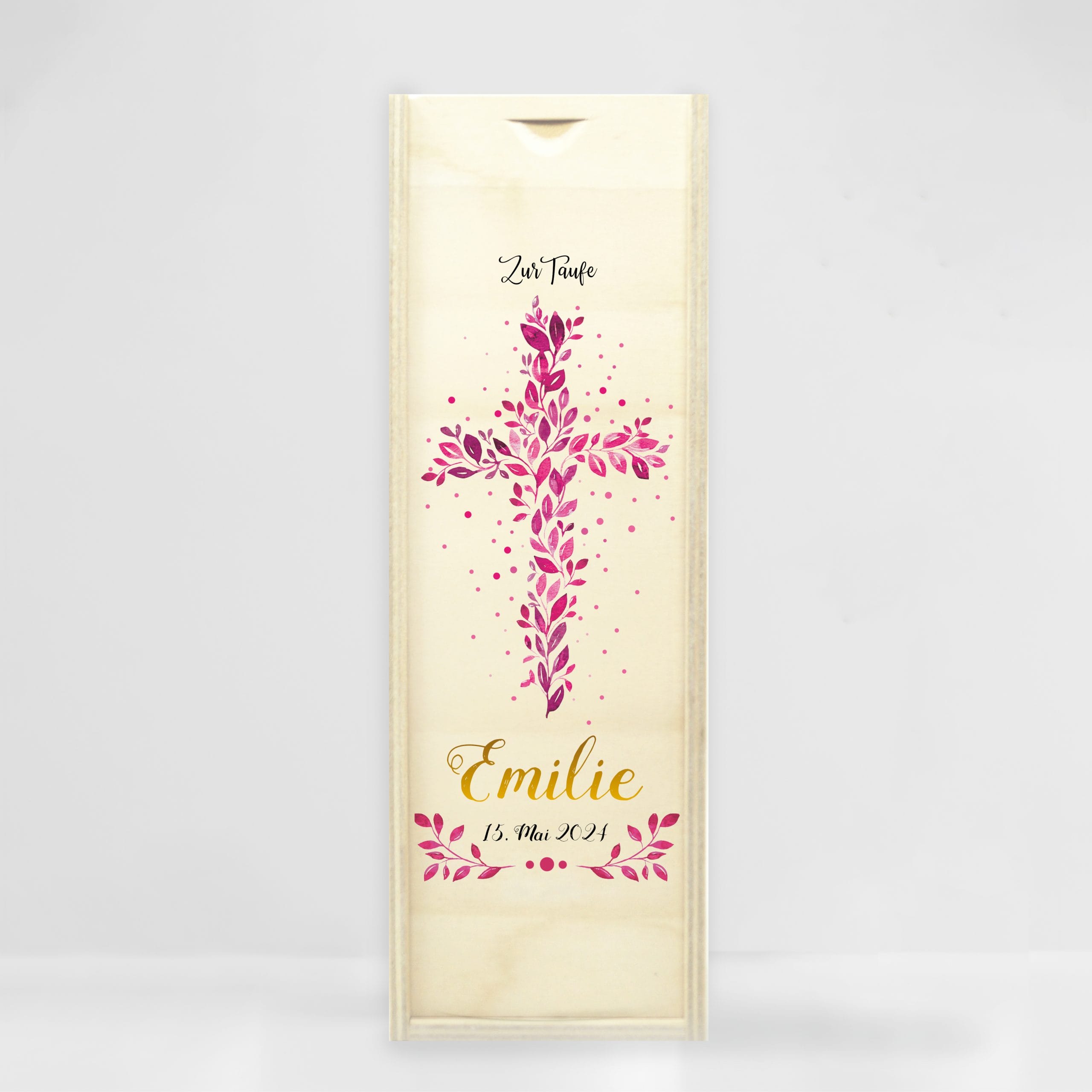 Auf dem Bild ist das Produkt: Taufkerze Junge Mädchen Baum Heiliges Kreuz pinke Blätter Kerze zur Taufe mit Namen, Datum und eigenem, vorgegebenem oder keinem Taufspruch zum Preis von €5.90 abgebildet.