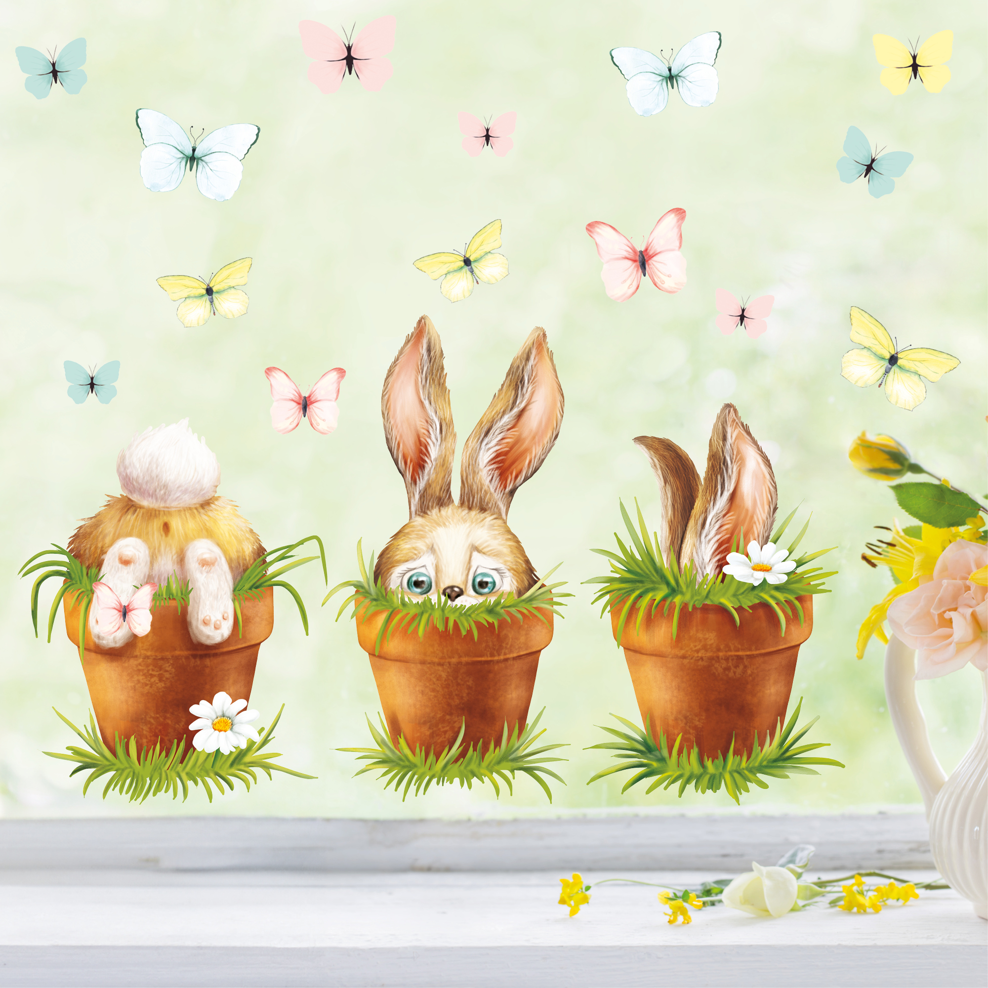 Auf dem Bild ist das Produkt: Fensterbild Frühling Ostern 5 Hasen im Blumentopf mit Schmetterlingen Fensterdeko Kinderzimmer Kind Frühlingsdeko zum Preis von €18.9 abgebildet.