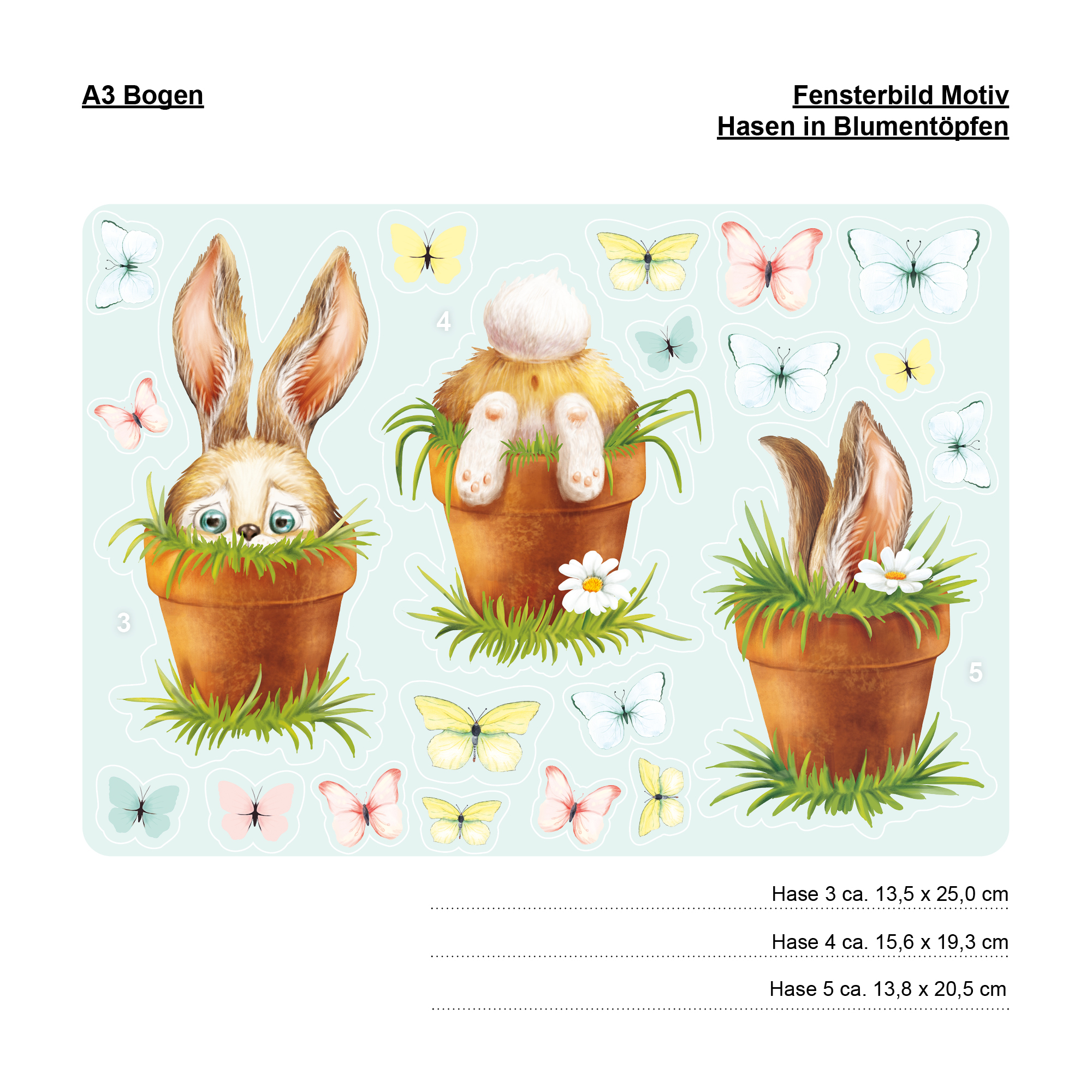 Auf dem Bild ist das Produkt: Fensterbild Frühling Ostern 5 Hasen im Blumentopf mit Schmetterlingen Fensterdeko Kinderzimmer Kind Frühlingsdeko zum Preis von €18.9 abgebildet.