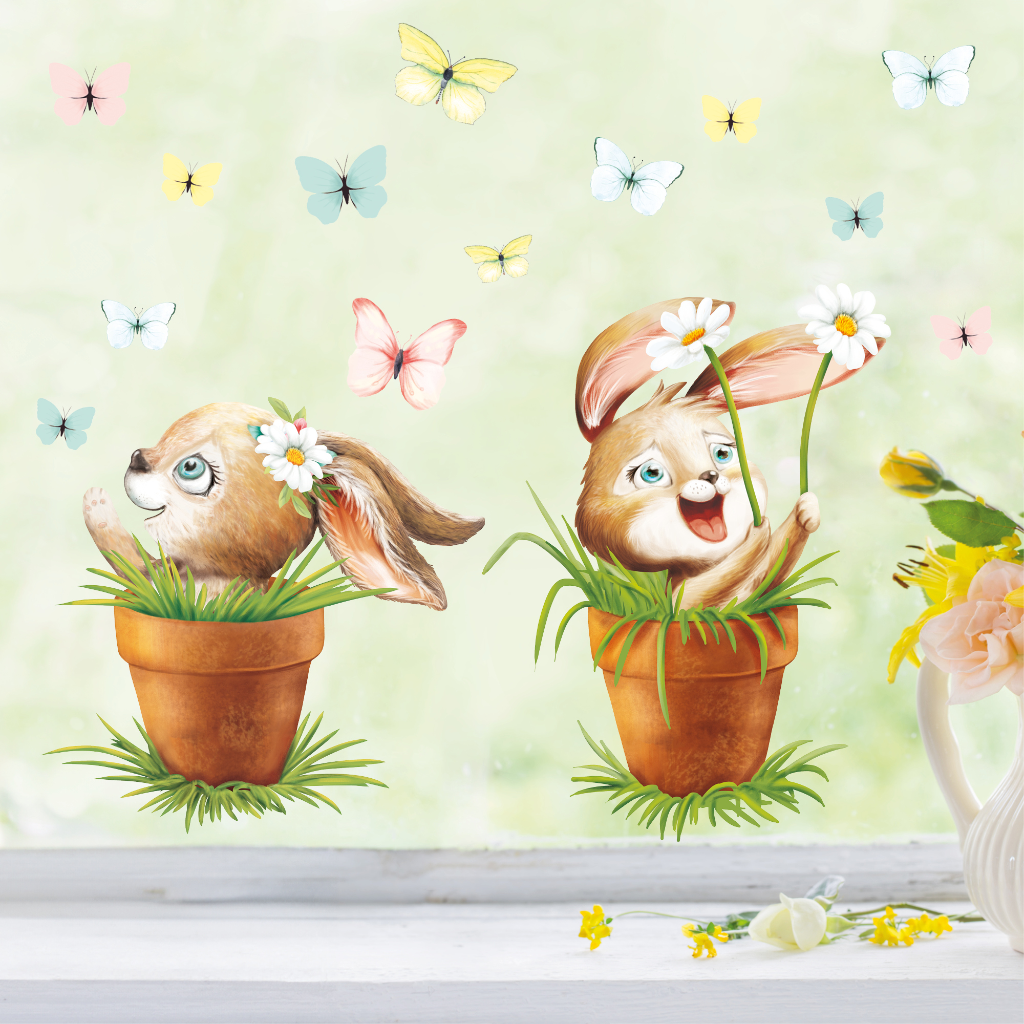 Auf dem Bild ist das Produkt: Fensterbild Frühling Ostern 5 Hasen im Blumentopf mit Schmetterlingen Fensterdeko Kinderzimmer Kind Frühlingsdeko zum Preis von €18.9 abgebildet.