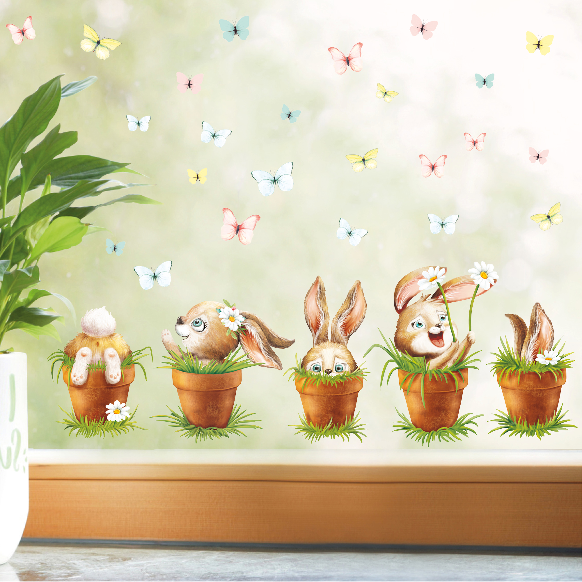 Fensterbild Frühling Ostern 5 Hasen im Blumentopf mit Schmetterlingen Fensterdeko Kinderzimmer Kind Frühlingsdeko