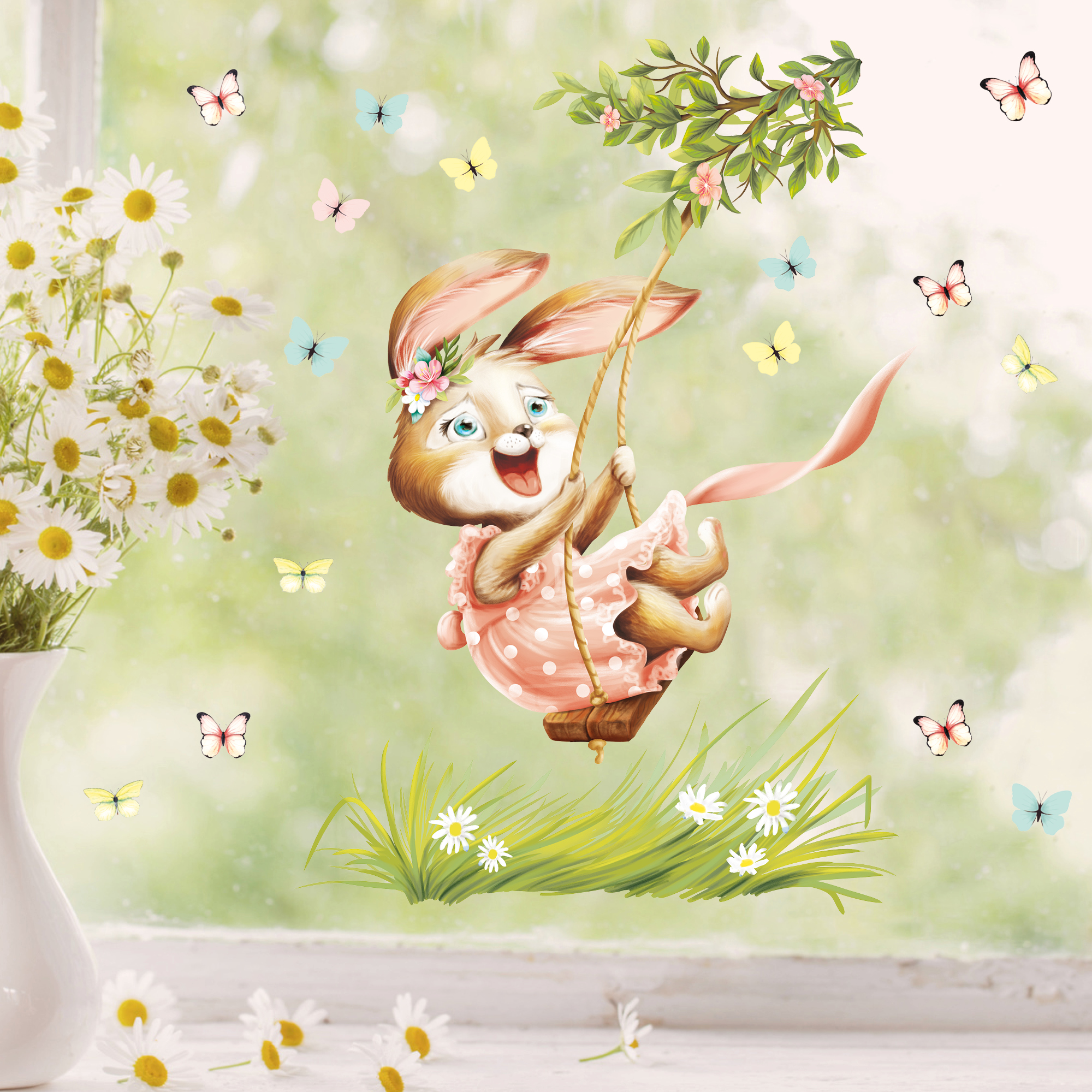 Fensterbild Kinderzimmer Frühling Ostern Hase Schaukel mit Schmetterlingen Wiederverwendbare Fensterdeko Kind Osterdeko