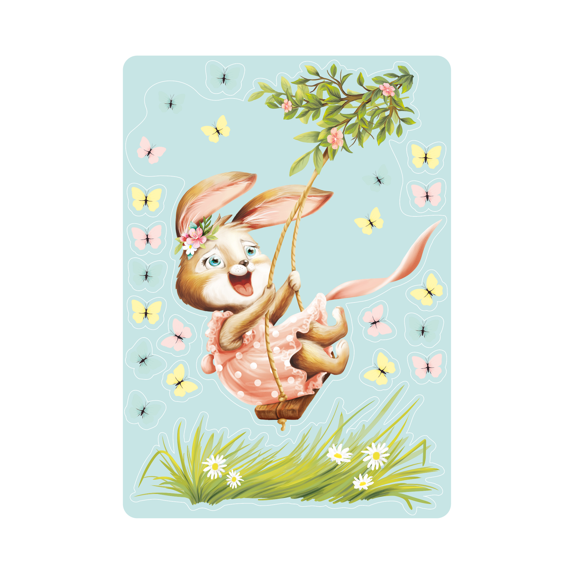 Auf dem Bild ist das Produkt: Fensterbild Kinderzimmer Frühling Ostern Hase Schaukel mit Schmetterlingen Wiederverwendbare Fensterdeko Kind Osterdeko zum Preis von €13.90 abgebildet.