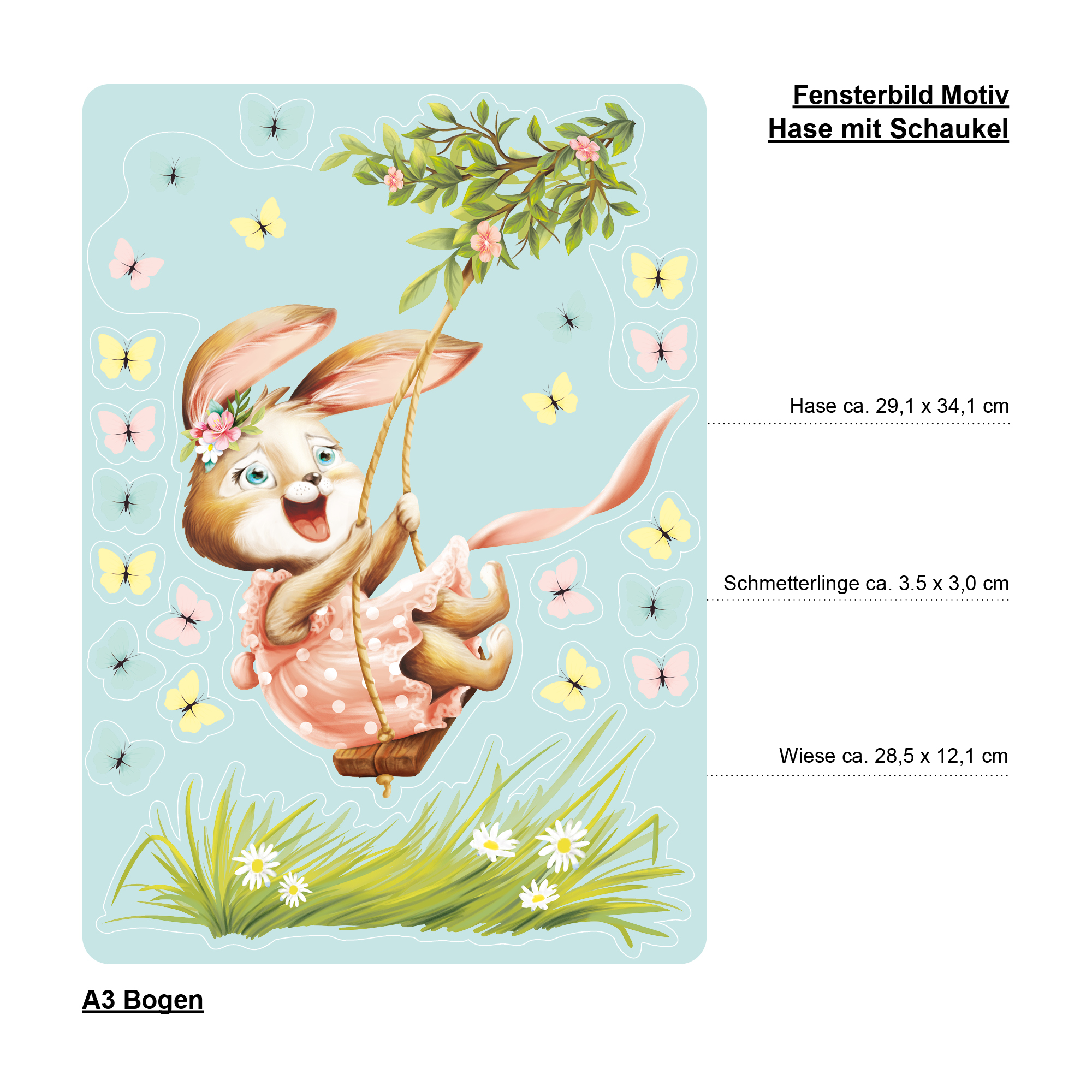 Auf dem Bild ist das Produkt: Fensterbild Kinderzimmer Frühling Ostern Hase Schaukel mit Schmetterlingen Wiederverwendbare Fensterdeko Kind Osterdeko zum Preis von €13.90 abgebildet.