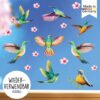 Auf dem Bild ist das Produkt: Fensterbild Frühling Vogel Kolibris Hibiskusblüten Vogelset wiederverwendbare Fensteraufkleber Kinderzimmer Baby Kind, Osterdeko zum Preis von €12.90 abgebildet.