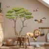 Auf dem Bild ist das Produkt: Wandtattoo Kinderzimmer Savanne mit Bäumen Löwe und Vögeln Dekoration Babyzimmer Tiere Natur zum Preis von €49.9 abgebildet.