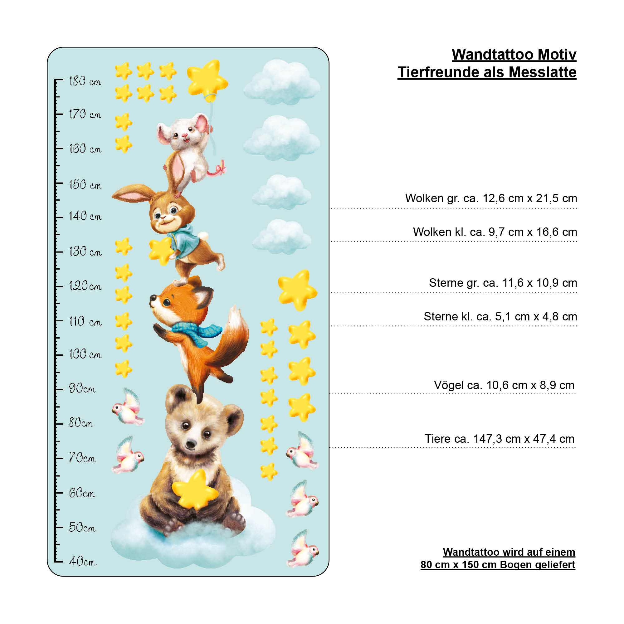 Auf dem Bild ist das Produkt: Wandtattoo Kinderzimmer Messlatte Tiere Pyramide Größe messen 40 – 180 cm, Dekoration Babyzimmer zum Preis von €29.9 abgebildet.