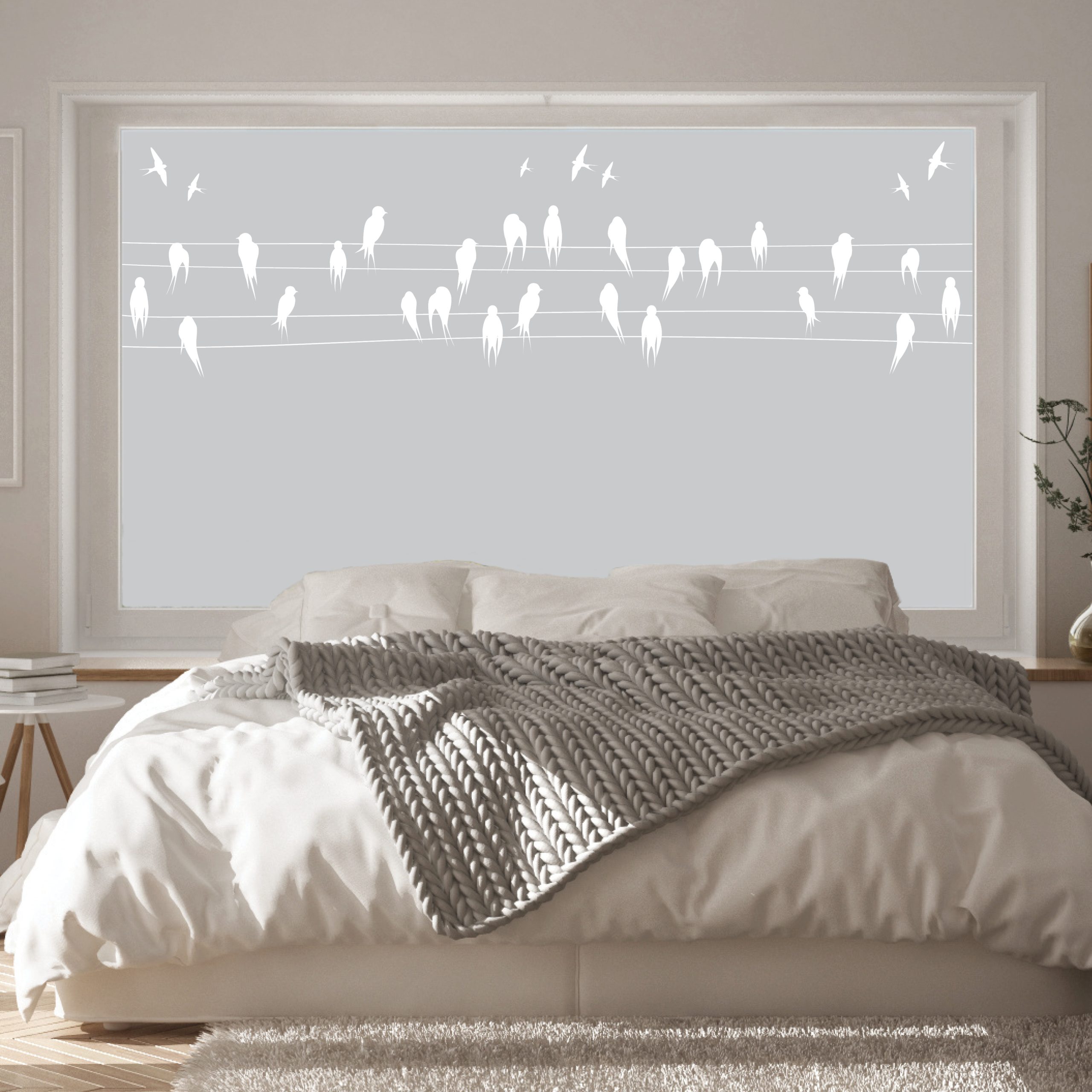 Auf dem Bild ist das Produkt: Sichtschutzfolie Fenster Vögel Leitung Fensterfolie Fensterdeko Milchglasfolie zum Preis von €24.9 abgebildet.