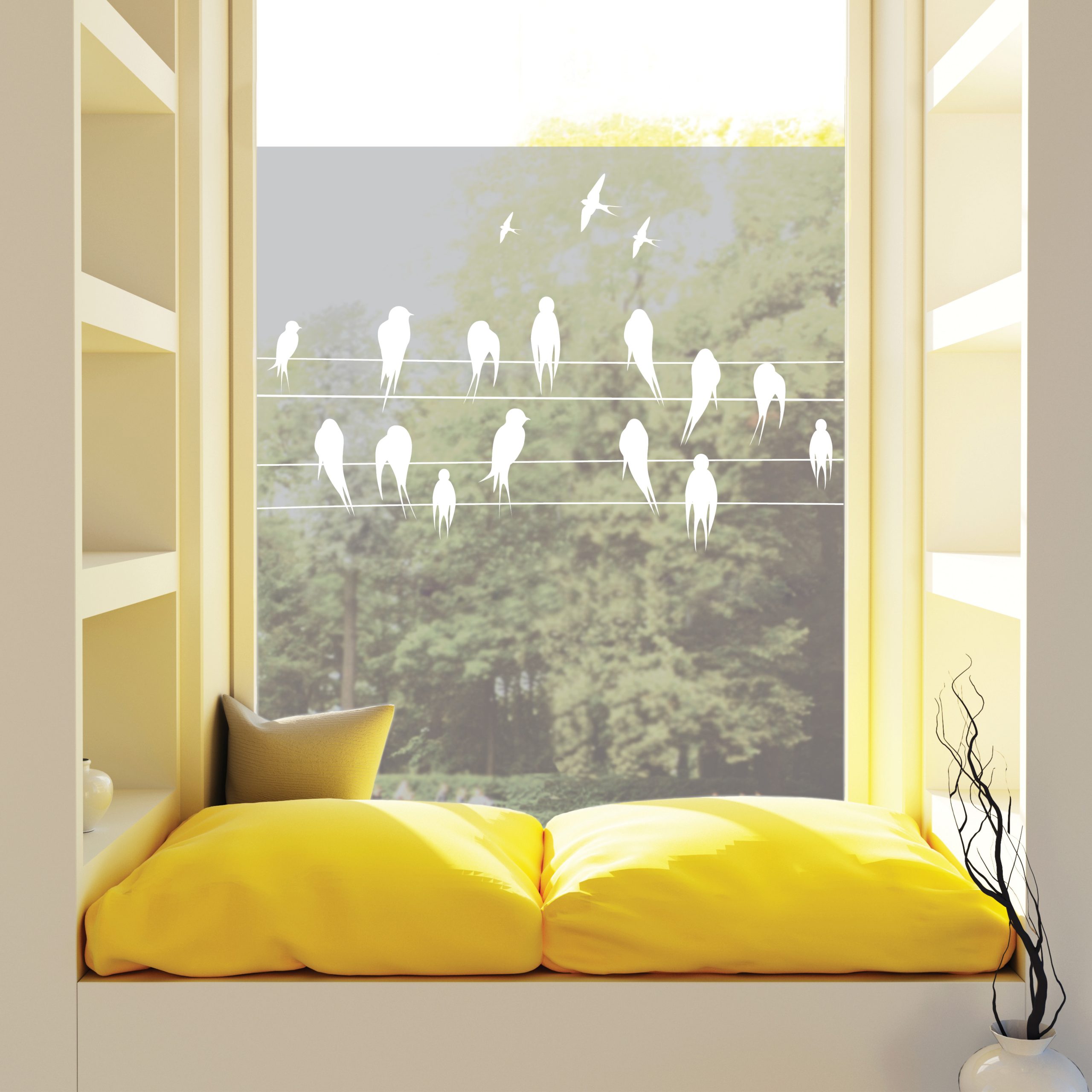 Auf dem Bild ist das Produkt: Sichtschutzfolie Fenster Vögel Leitung Fensterfolie Fensterdeko Milchglasfolie zum Preis von €24.9 abgebildet.