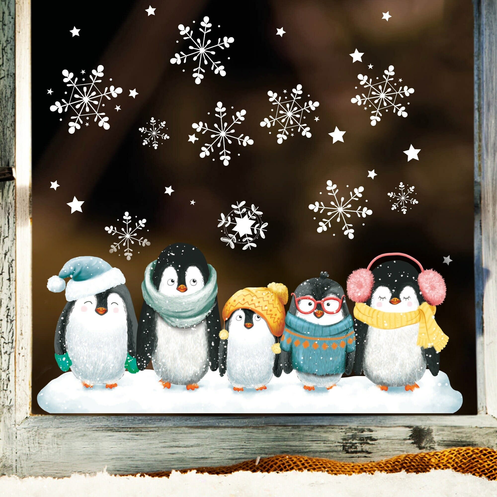 Fensterbild Weihnachten Winter Pinguine mit Schneeflocken Wiederverwendbar Pudelmütze und Schal Adventsdeko