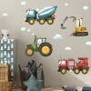 Auf dem Bild ist das Produkt: Wandtattoo Kinderzimmer Baumaschinen Trecker Mischer Bagger Feuerwehrauto Dekoration Kinderzimmer zum Preis von €34.9 abgebildet.