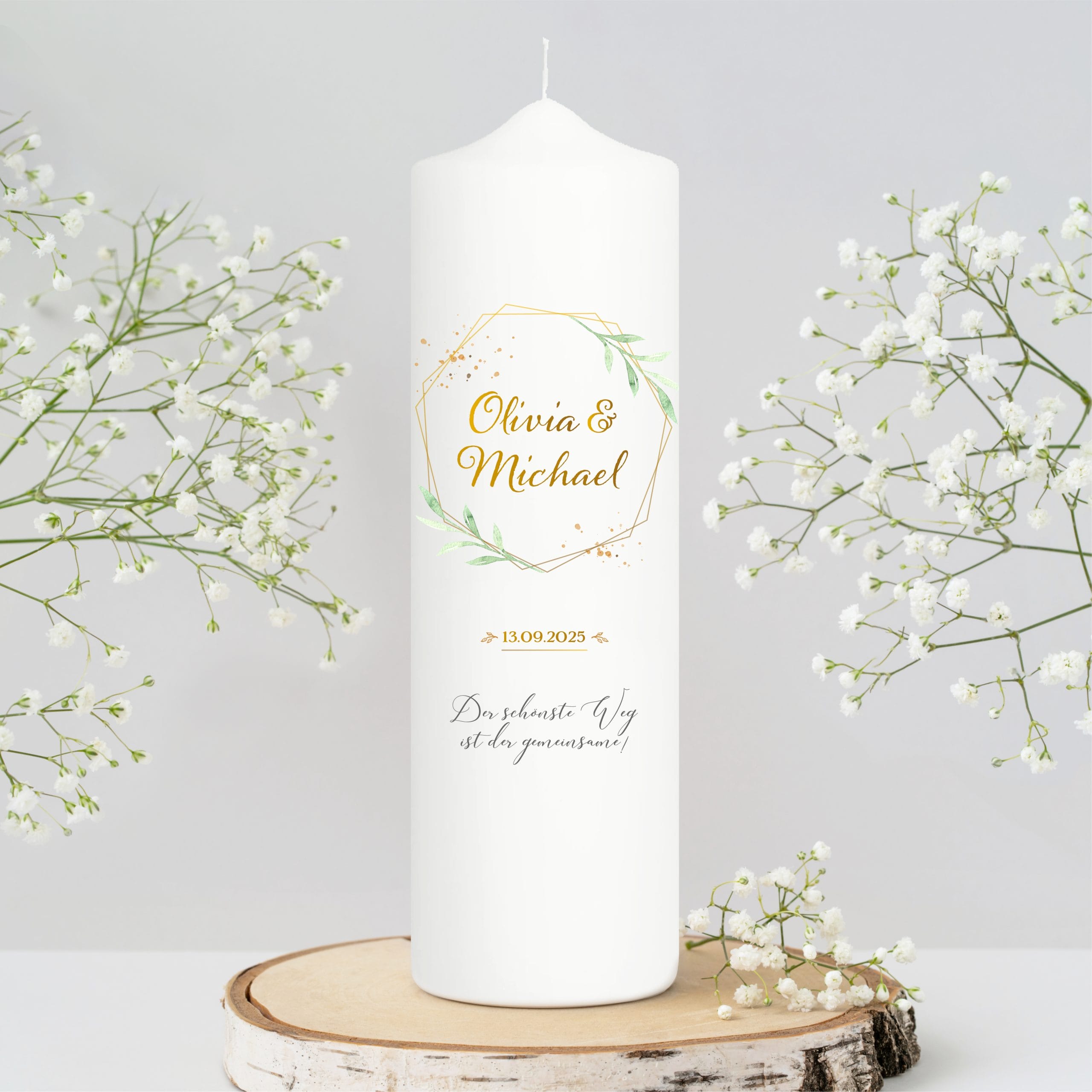 Weiße personalisierbare Hochzeitskerze geometrischer Rahmen mit Blättern personalisiert Hochzeitsgeschenk Spruch, Valentinstagsgeschenk