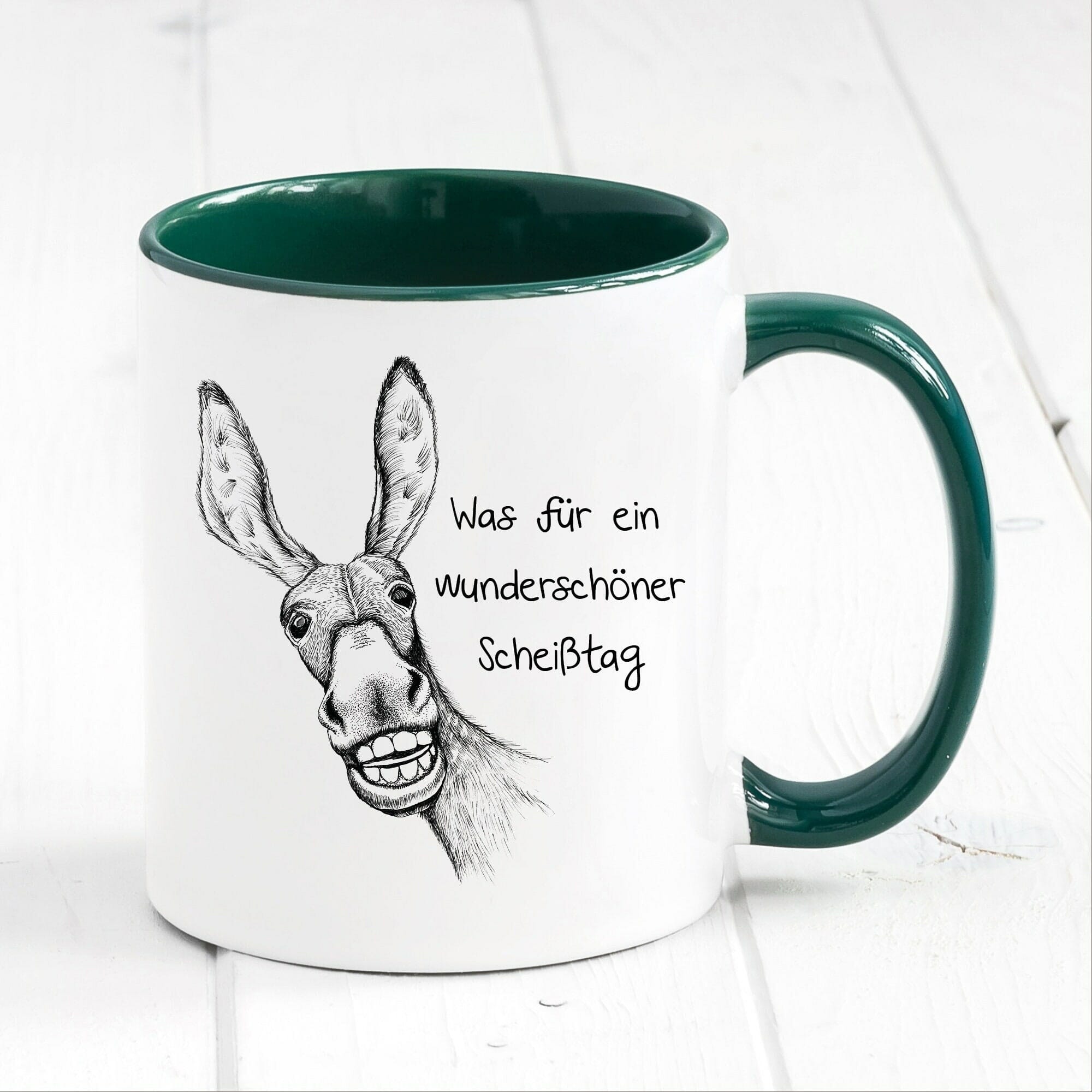 Bedruckte Tasse Esel mit Spruch Was für ein wunderschöner Scheißtag, Geburtstagsgeschenk mit Humor, Kaffeetasse Kaffeebecher