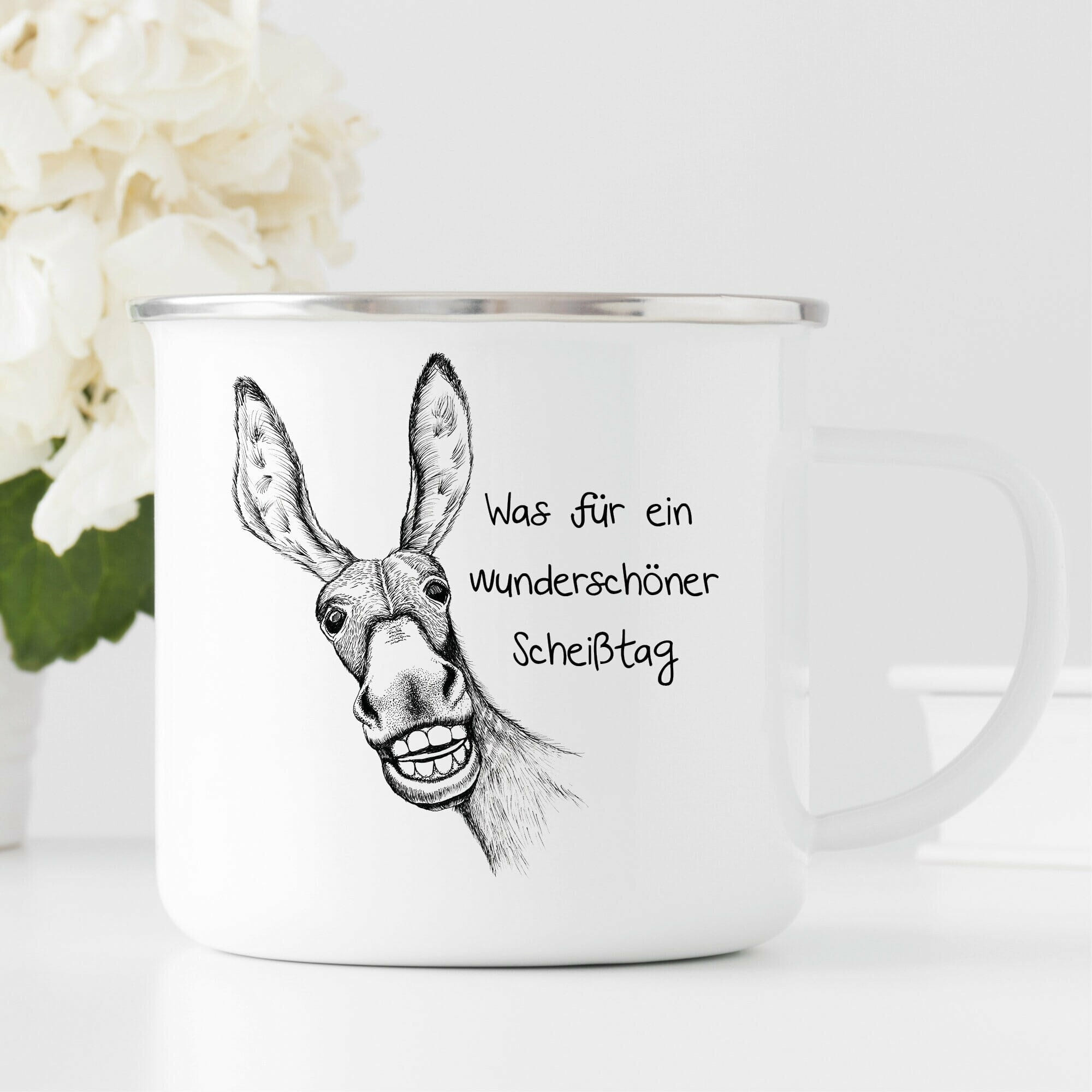 Bedruckter Emaille Campingbecher Esel mit Spruch Was für ein wunderschöner Scheißtag Geschenk Geburtstag
