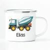 Auf dem Bild ist das Produkt: Campingbecher Emaille mit einem blauen Betonmischer Mischer personalisiert mit Wunschname Junge zum Preis von €18.90 abgebildet.