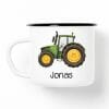 Auf dem Bild ist das Produkt: Campingbecher Emaille mit einem grünen Traktor Trecker personalisiert mit Wunschname Geschenk Junge zum Preis von €18.90 abgebildet.