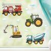 Auf dem Bild ist das Produkt: Fensterbild Frühling Baumaschinen Bagger Trecker Feuerwehrauto Betonmischer Fensterdeko Kinderzimmer Kind zum Preis von €13.9 abgebildet.