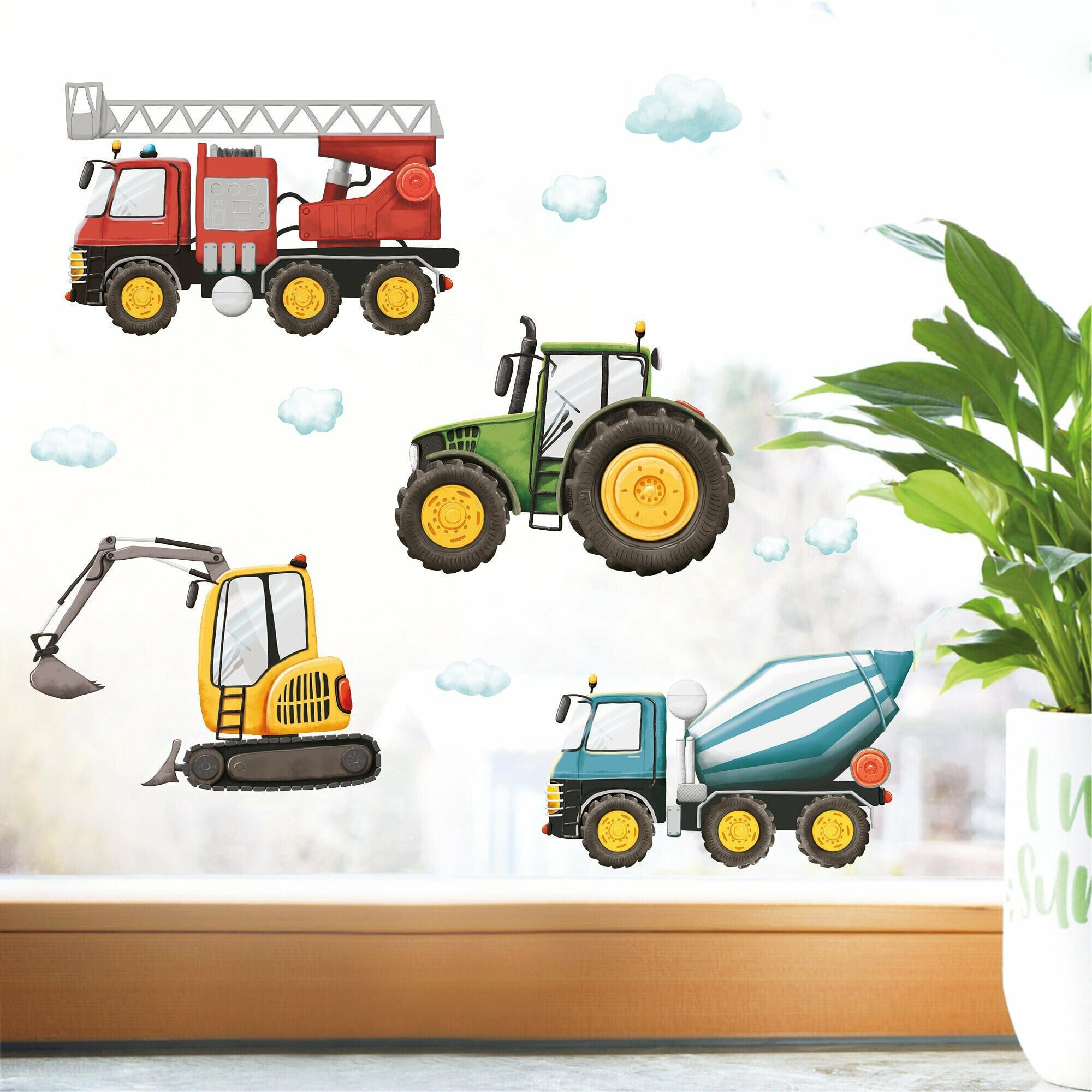 Fensterbild Frühling Baumaschinen Bagger Trecker Feuerwehrauto Betonmischer Fensterdeko Kinderzimmer Kind