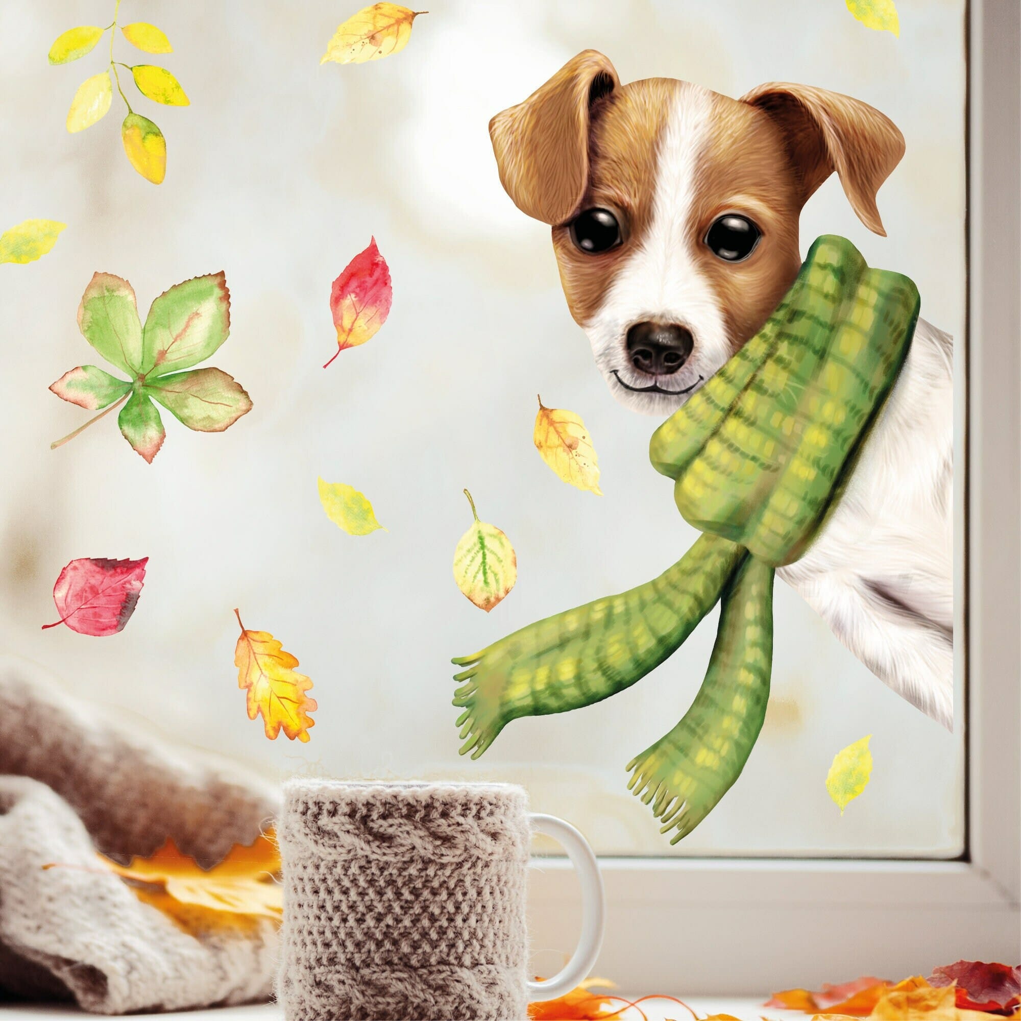 Fensterbild Herbst reinschauender Jack Russel Terrier mit Schal bunte Blätter herbstlicher Fensteraufkleber Fensterdeko