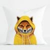 Auf dem Bild ist das Produkt: Kissen mit Fuchs im Regenmantel Aufdruck Fuchs Regen Geschenk gelbe Kapuze zum Preis von €11.90 abgebildet.