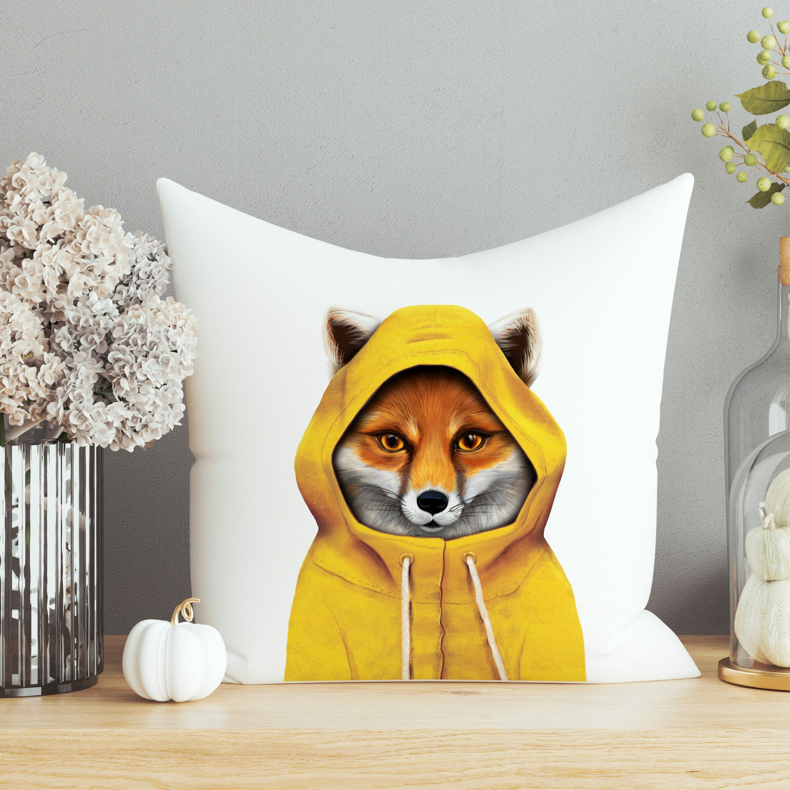 Kissen mit Fuchs im Regenmantel Aufdruck Fuchs Regen Geschenk gelbe Kapuze