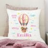 Auf dem Bild ist das Produkt: Kissen Geburt Heißluftballon Luftballons Waldtiere Bär Fuchs Geschenk personalisiert Geburtskissen zum Preis von €16.90 abgebildet.