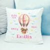 Auf dem Bild ist das Produkt: Kissen Geburt Heißluftballon Luftballons Waldtiere Bär Fuchs Geschenk personalisiert Geburtskissen zum Preis von €16.90 abgebildet.
