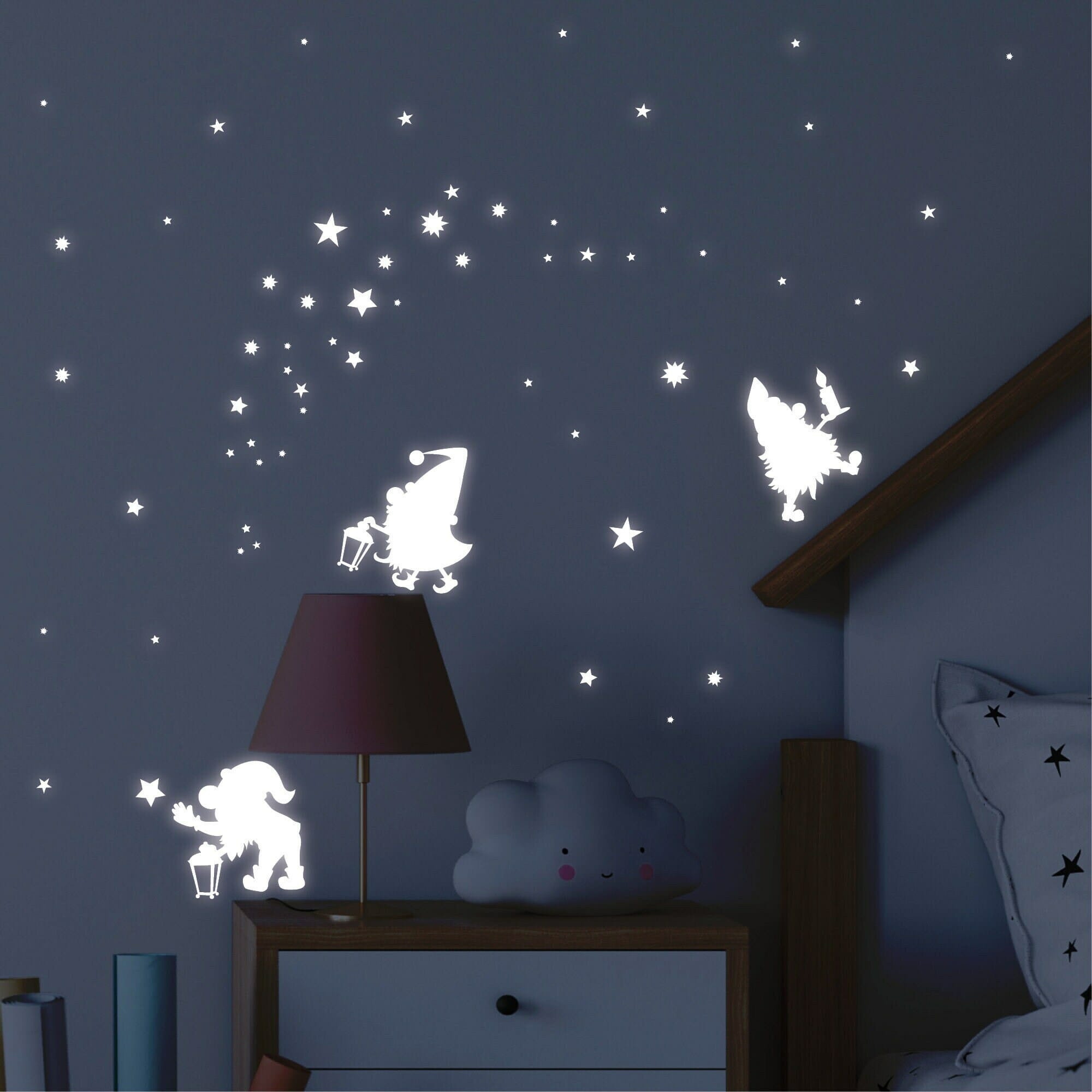 Leuchtaufkleber Zwerge und 116 Leuchtsterne leuchten im Dunklen fluoreszierend Dekoration Kinderzimmer Wandtattoo