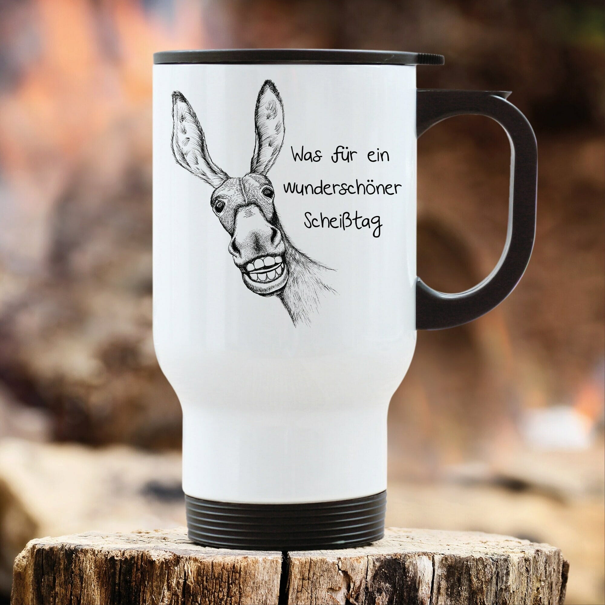 Edelstahl Thermobecher To Go Esel Spruch Was für ein wunderschöner Scheißtag Kaffeebecher 390 ml mit Griff Geschenk