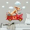 Auf dem Bild ist das Produkt: Wandtattoo Kinderzimmer Hund im alten Feuerwehrauto mit Wolken Wandbild für Kinder zum Preis von €29.9 abgebildet.
