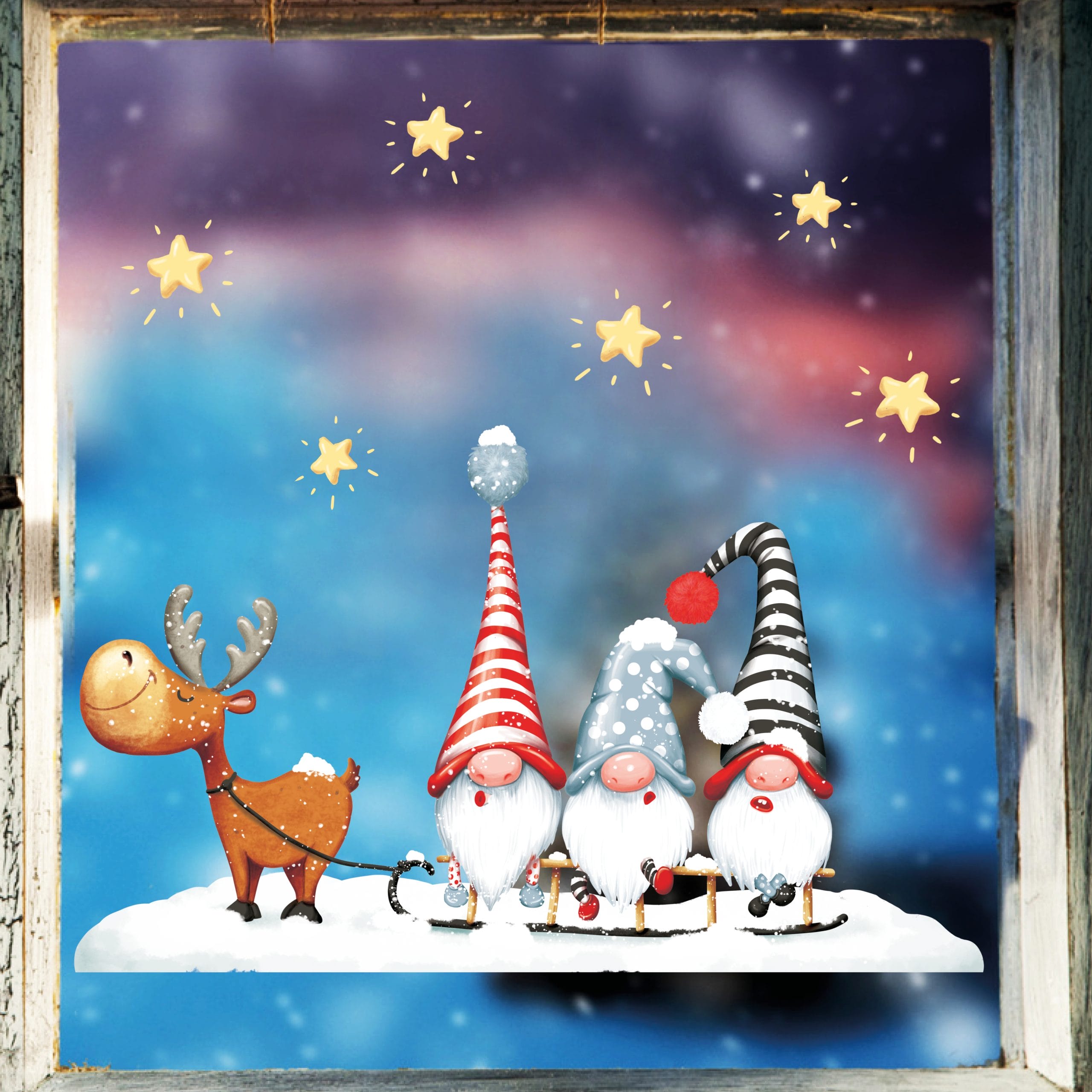 Fensterbild Winter Weihnachten Elch mit Zwergen Schlitten winterliche Fensterdeko wiederverwendbar
