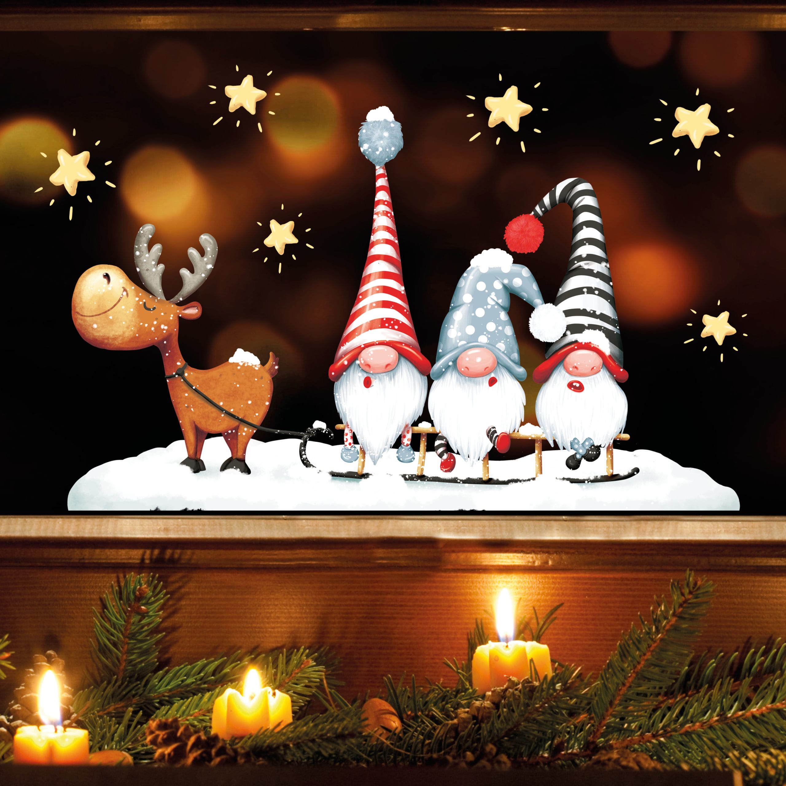 Auf dem Bild ist das Produkt: Fensterbild Winter Weihnachten Elch mit Zwergen Schlitten winterliche Fensterdeko wiederverwendbar zum Preis von €13.90 abgebildet.