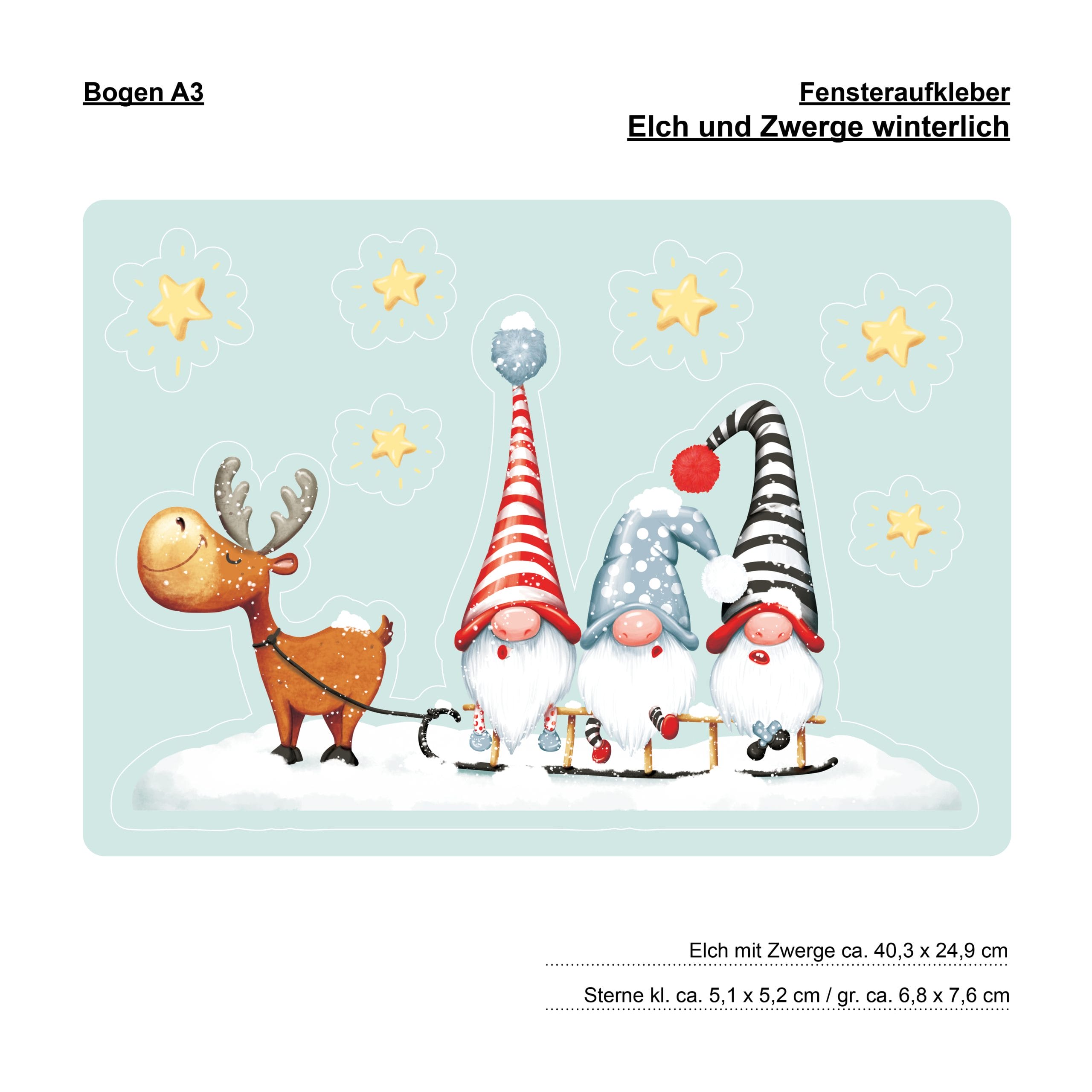 Auf dem Bild ist das Produkt: Fensterbild Winter Weihnachten Elch mit Zwergen Schlitten winterliche Fensterdeko wiederverwendbar zum Preis von €13.90 abgebildet.